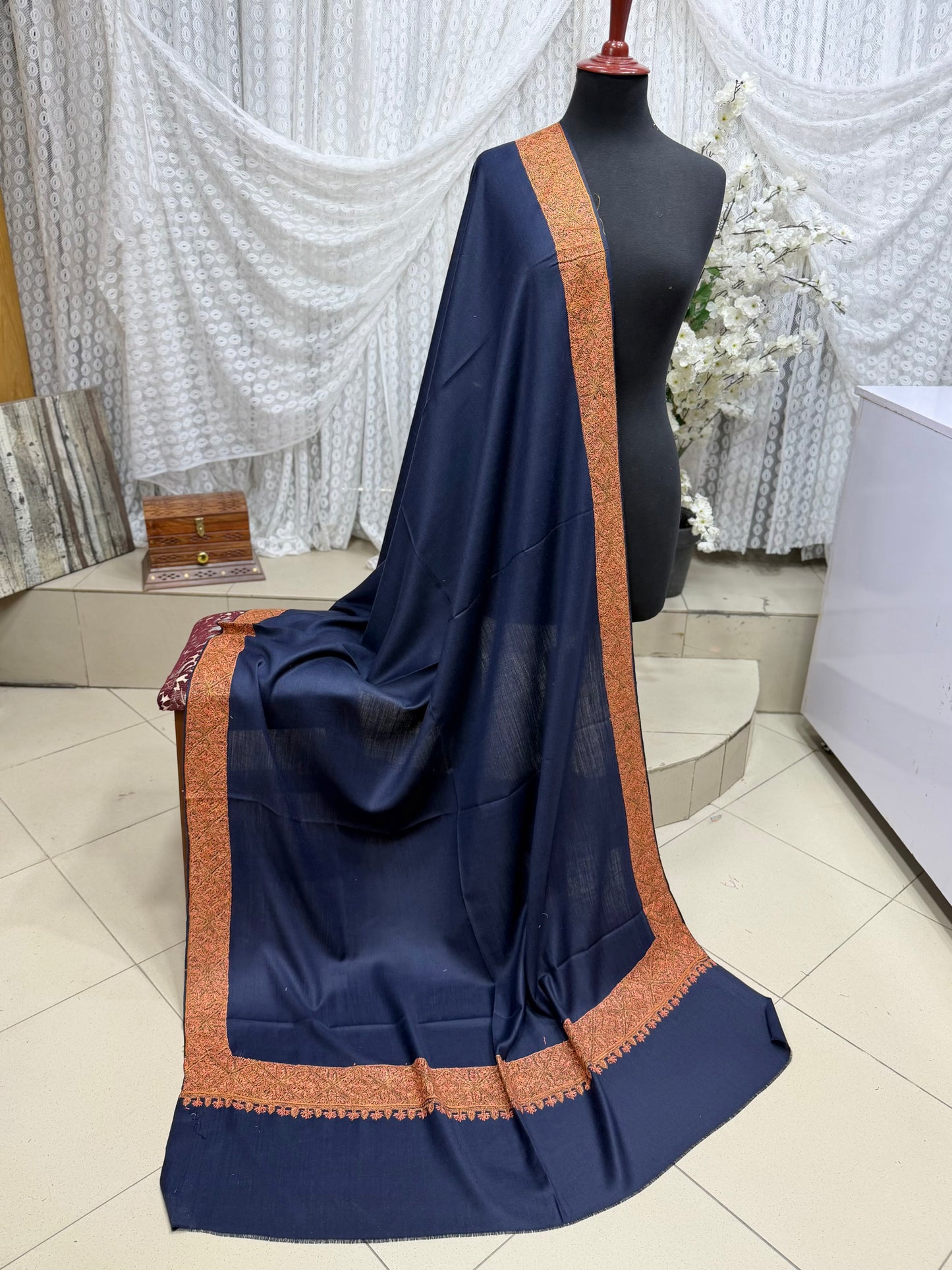 Kashmiri Shawl | Handmade Border Embroidery Made in Kashmir Pure Pashmina | Navy Blue