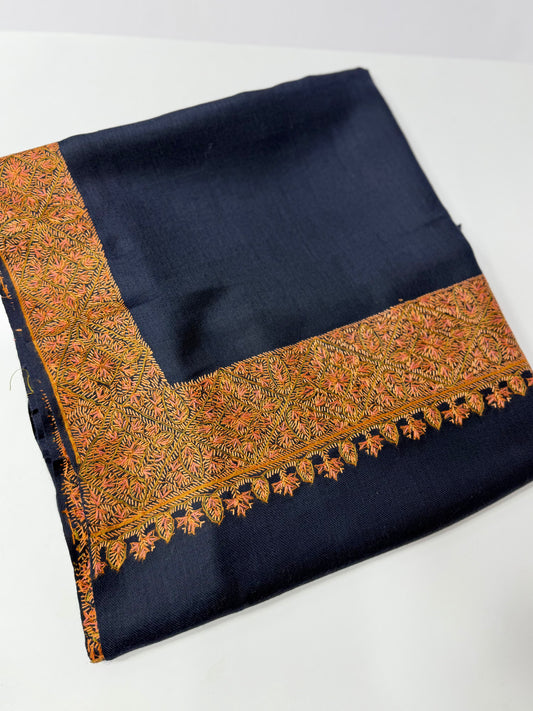Kashmiri Shawl | Handmade Border Embroidery Made in Kashmir Pure Pashmina | Navy Blue