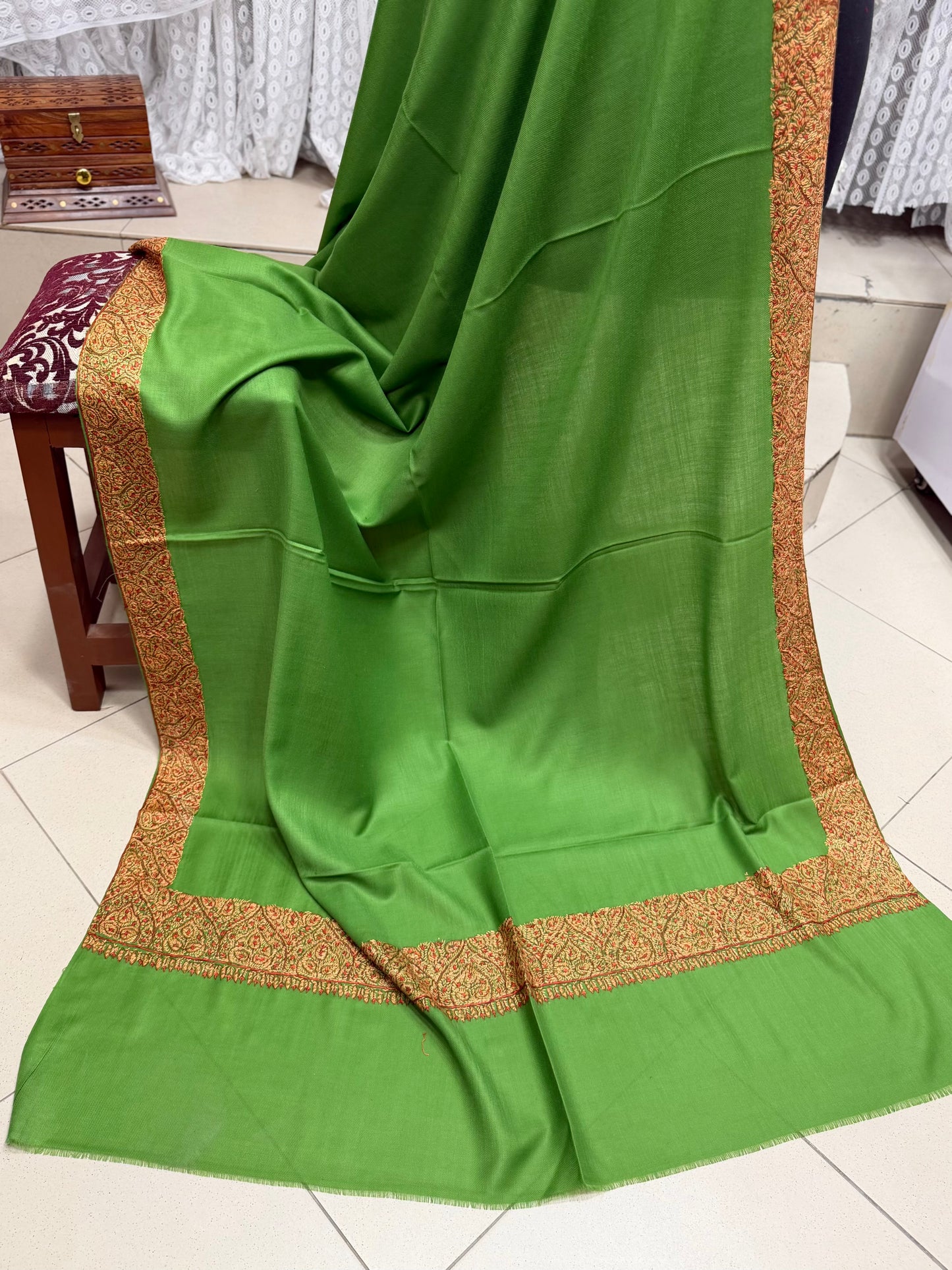 Kashmiri Shawl | Handmade Border Embroidery Made in Kashmir Pure Pashmina | Parrot Green