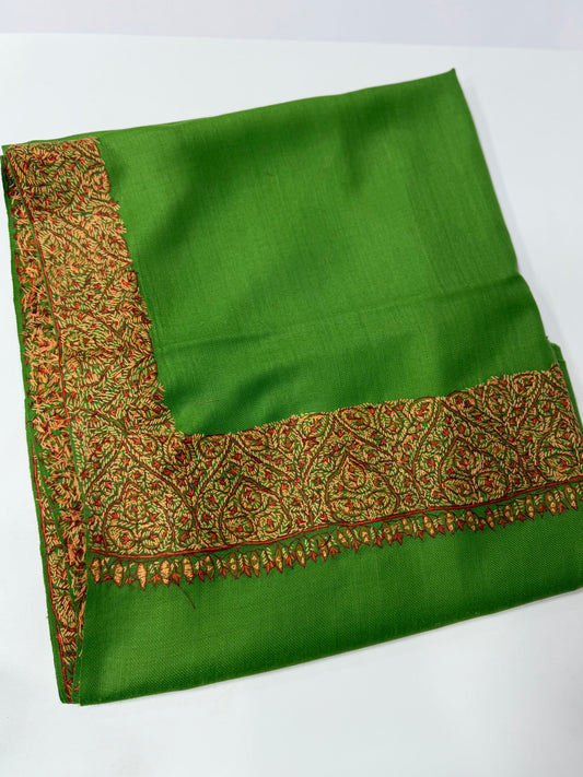 Kashmiri Shawl | Handmade Border Embroidery Made in Kashmir Pure Pashmina | Parrot Green