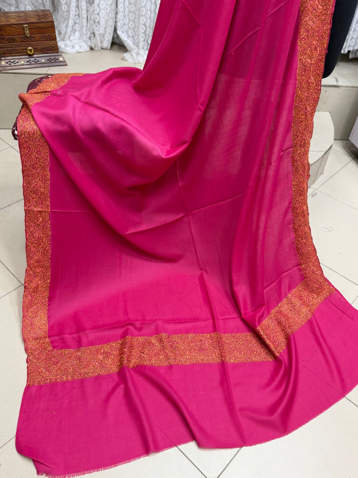Kashmiri Shawl | Handmade Border Embroidery Made in Kashmir Pure Pashmina | Shocking Pink