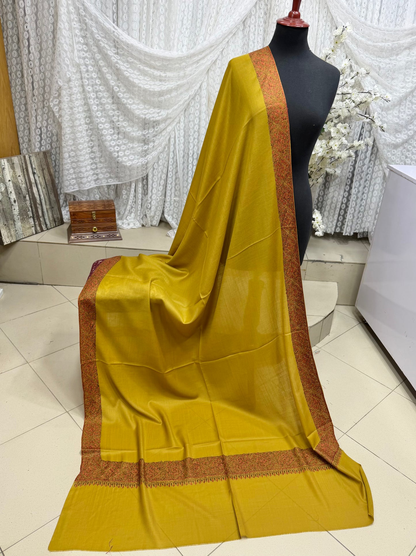 Kashmiri Shawl | Handmade Border Embroidery Made in Kashmir Pure Pashmina | Mustard
