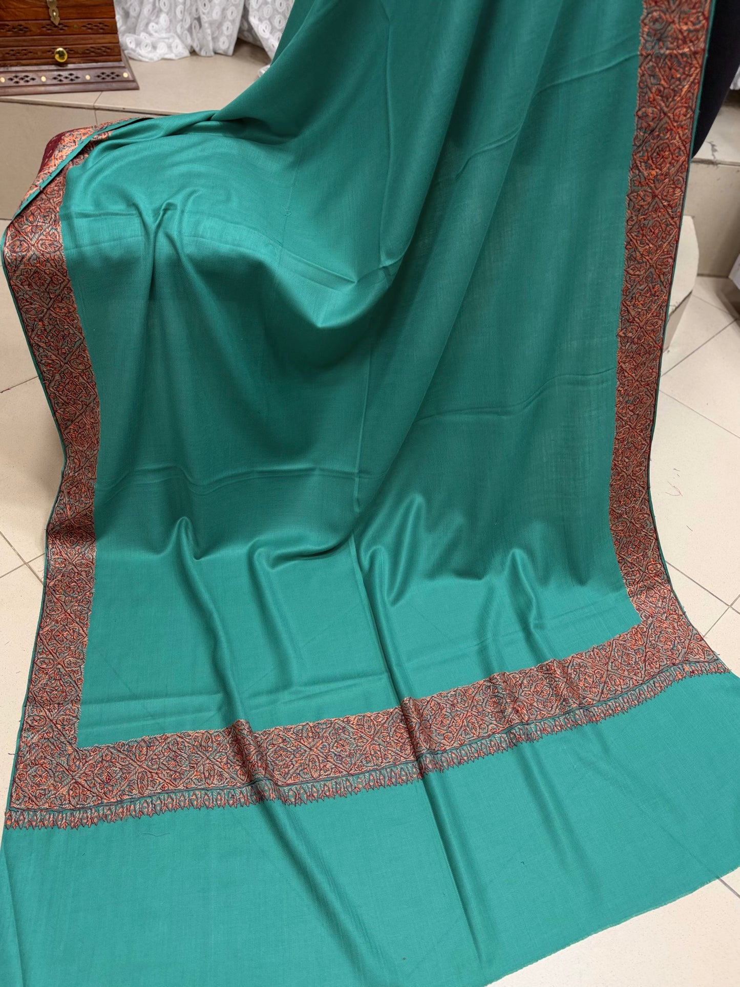 Kashmiri Shawl | Handmade Border Embroidery Made in Kashmir Pure Pashmina | Sea Green