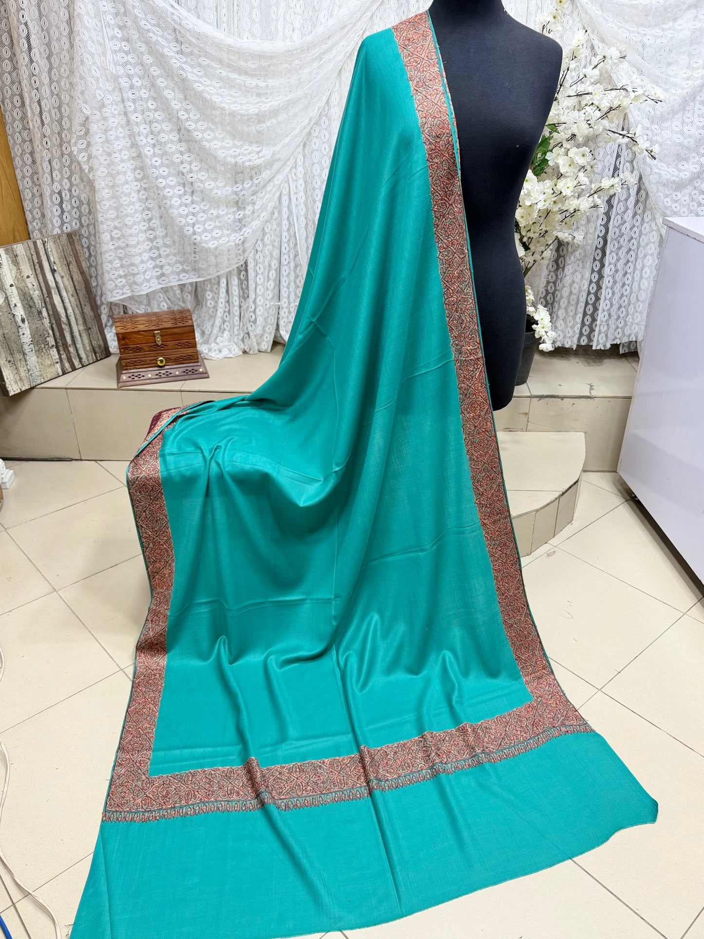 Kashmiri Shawl | Handmade Border Embroidery Made in Kashmir Pure Pashmina | Sea Green