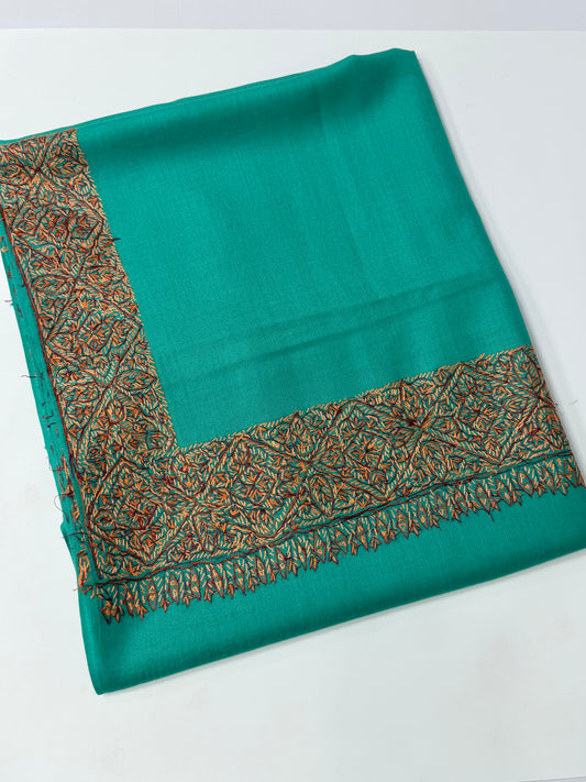 Kashmiri Shawl | Handmade Border Embroidery Made in Kashmir Pure Pashmina | Sea Green