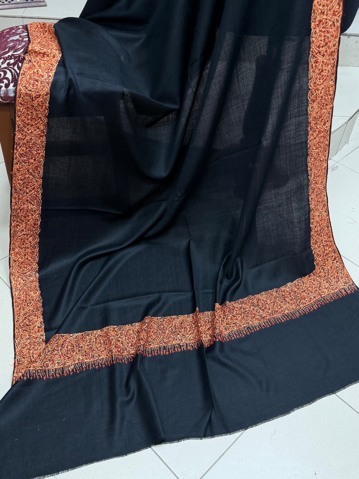Kashmiri Shawl | Handmade Border Embroidery Made in Kashmir Pure Pashmina | Black