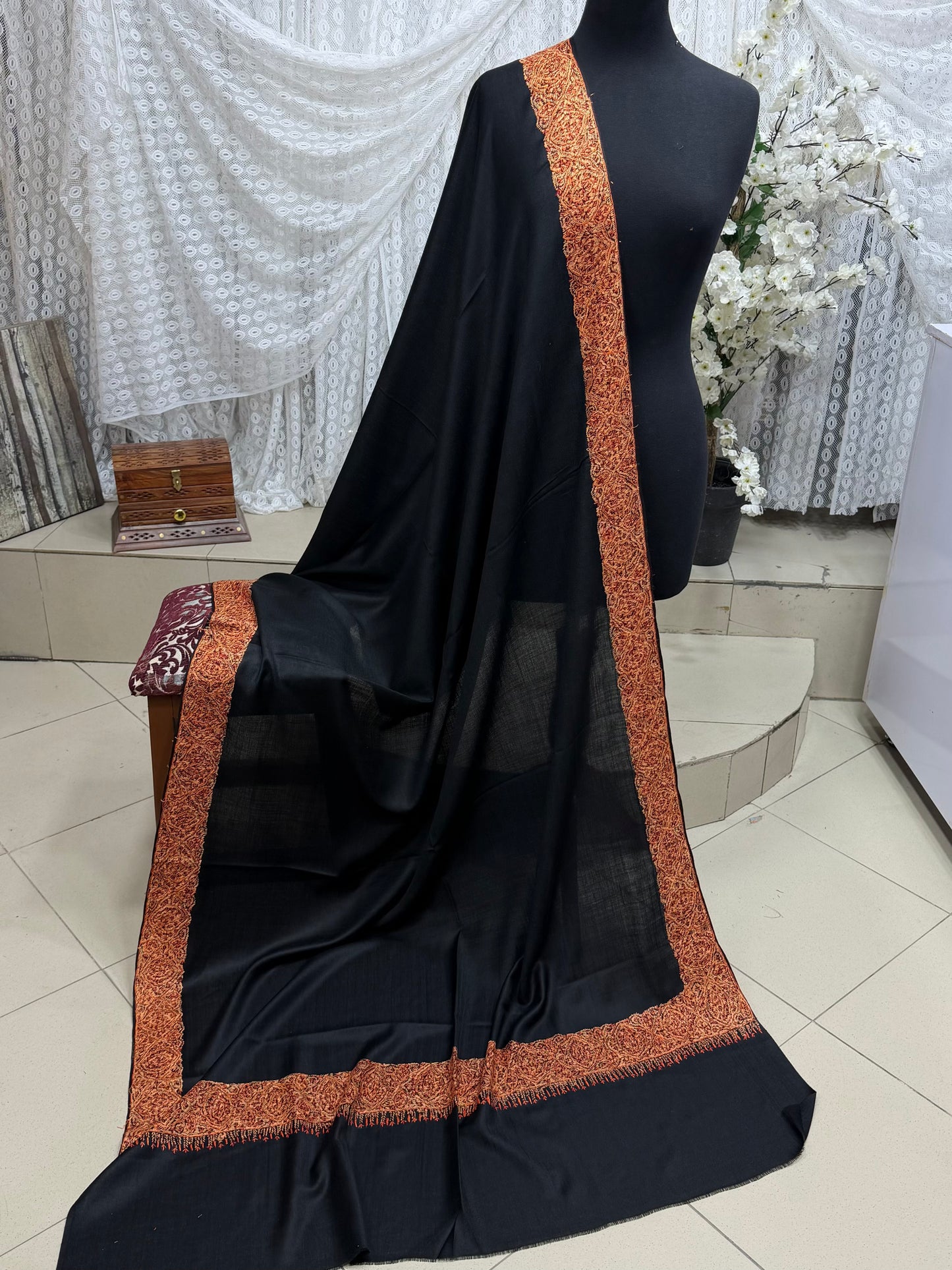 Kashmiri Shawl | Handmade Border Embroidery Made in Kashmir Pure Pashmina | Black