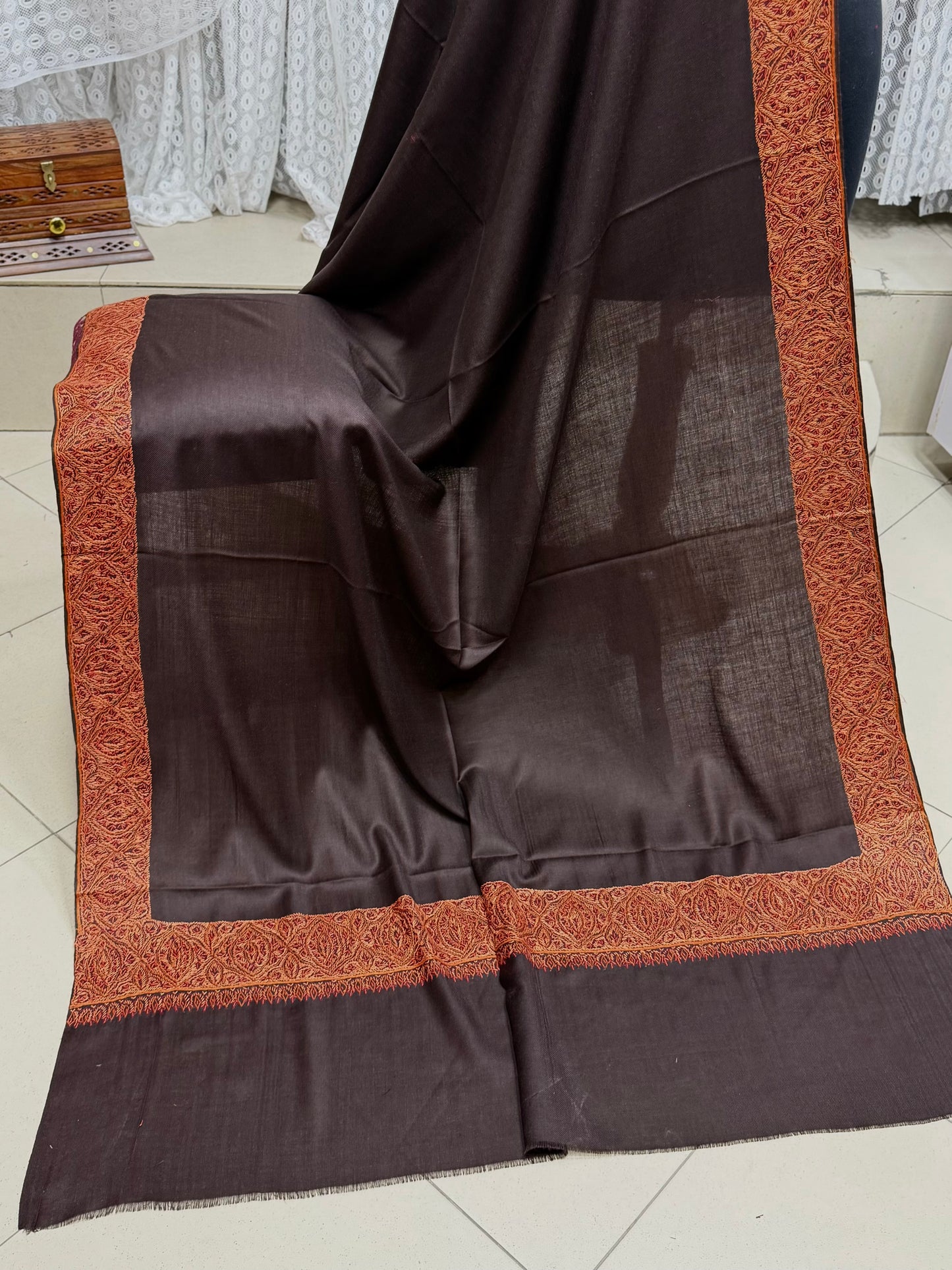 Kashmiri Shawl | Handmade Border Embroidery Made in Kashmir Pure Pashmina | Choc Brown