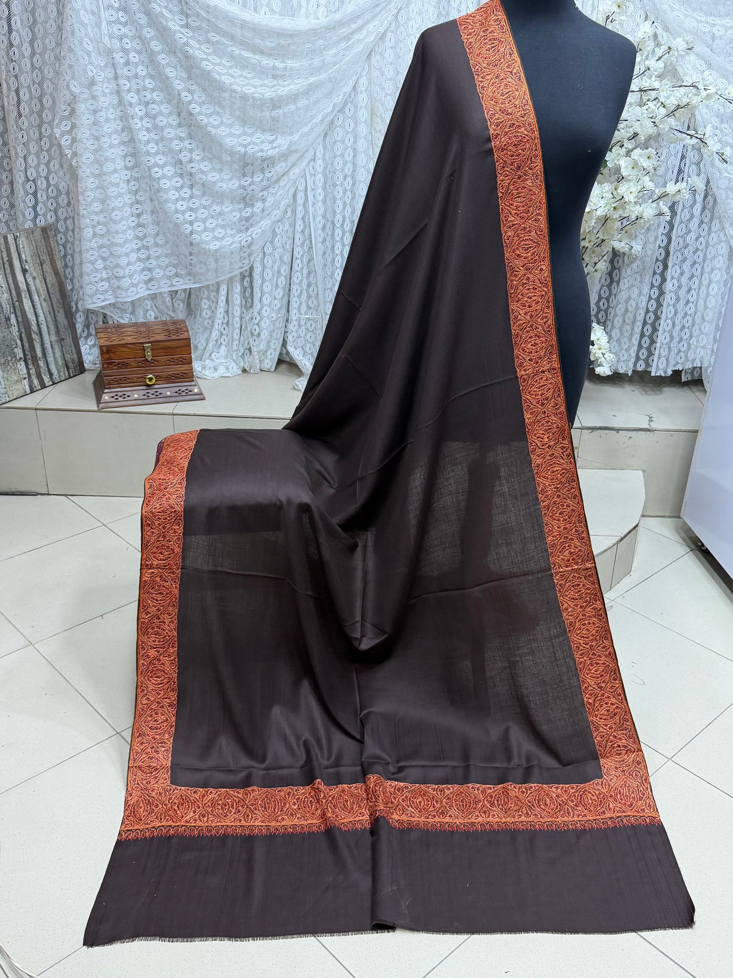 Kashmiri Shawl | Handmade Border Embroidery Made in Kashmir Pure Pashmina | Choc Brown