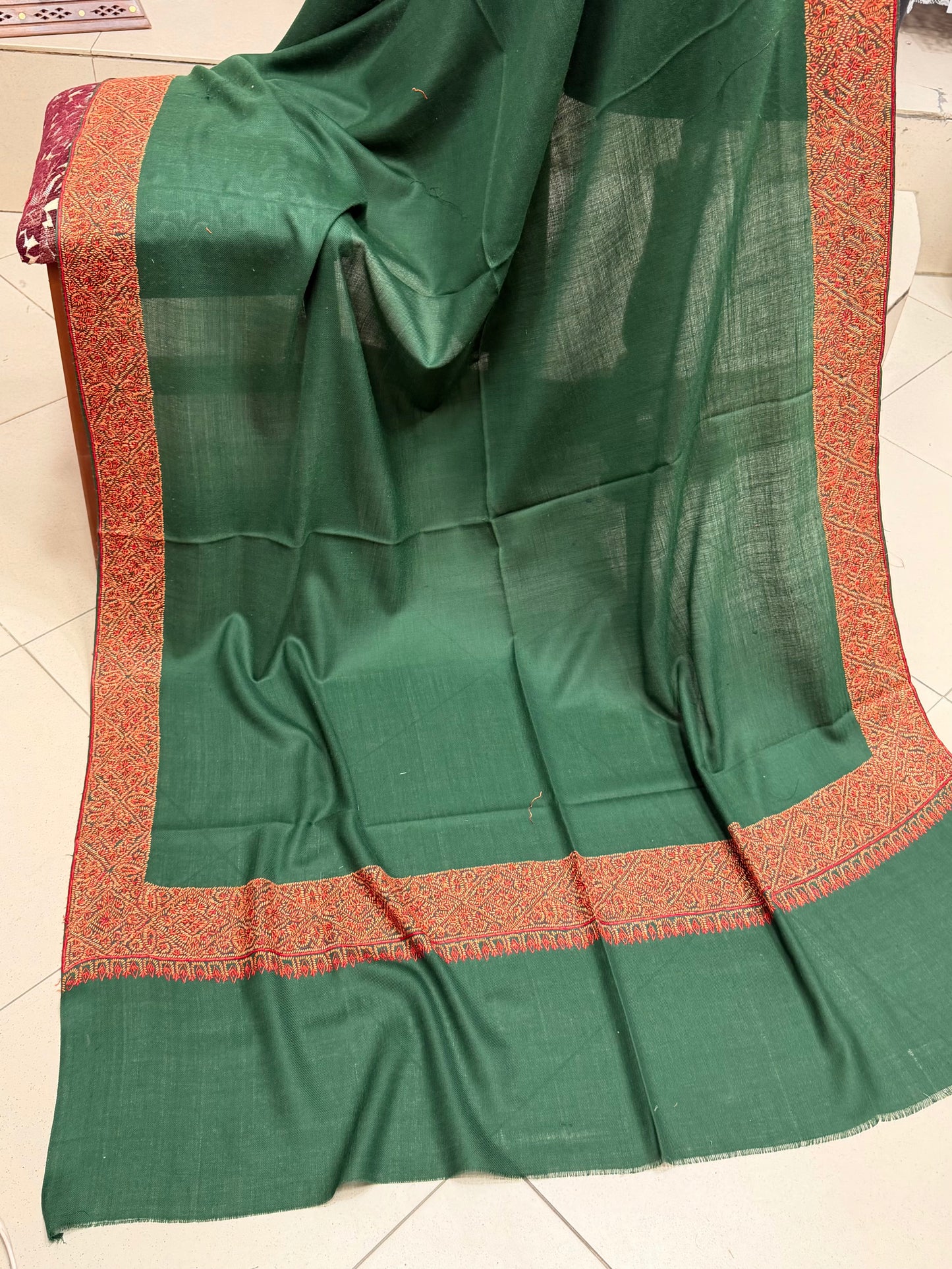Kashmiri Shawl | Handmade Border Embroidery Made in Kashmir Pure Pashmina | Dark Green