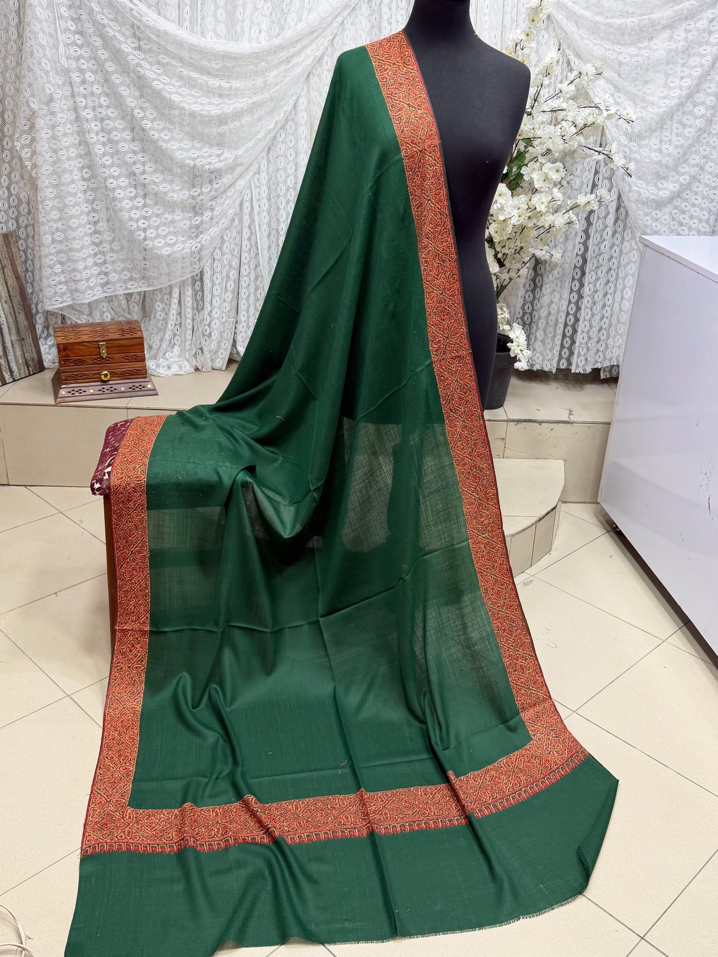 Kashmiri Shawl | Handmade Border Embroidery Made in Kashmir Pure Pashmina | Dark Green