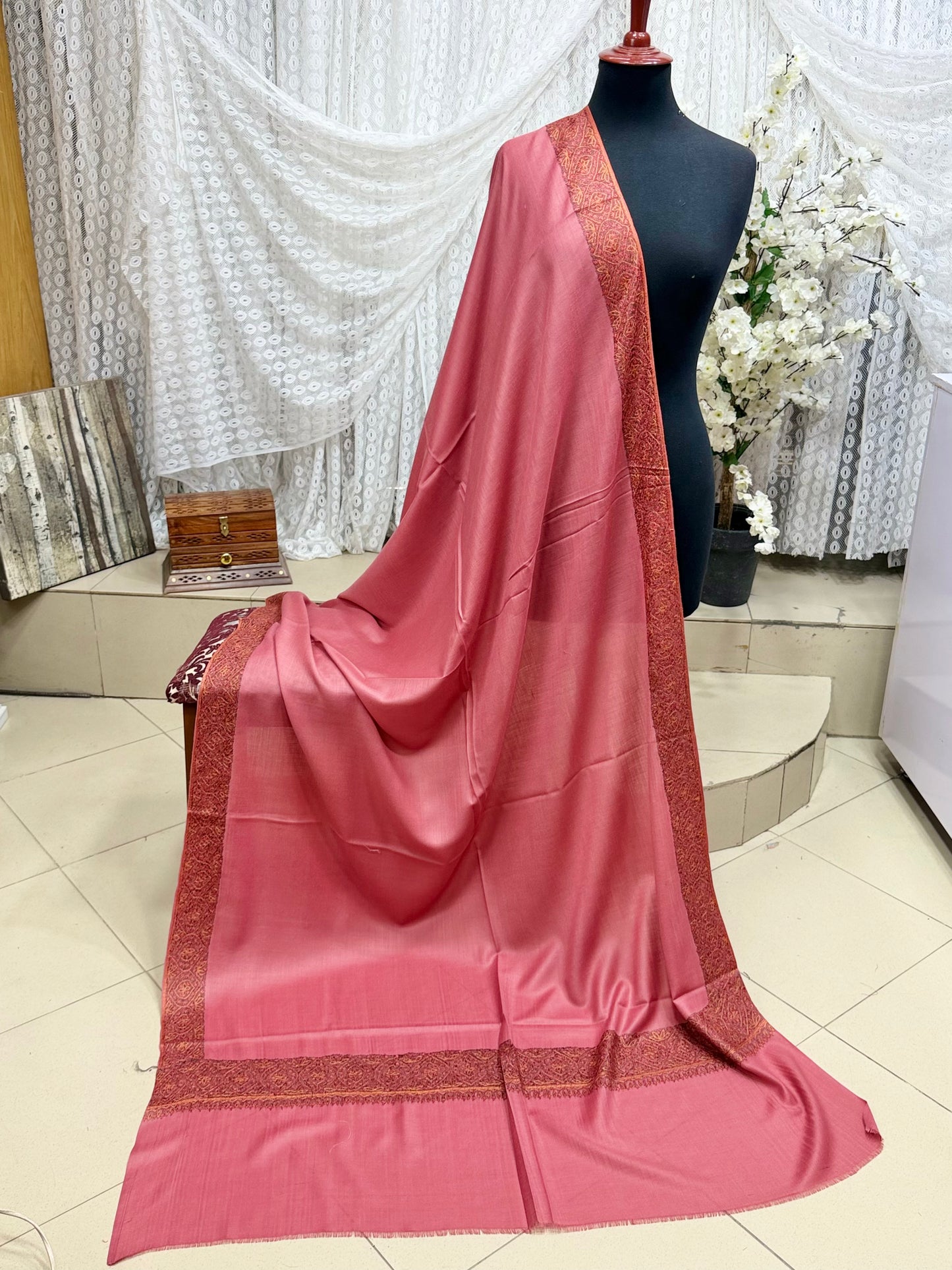 Kashmiri Shawl | Handmade Border Embroidery Made in Kashmir Pure Pashmina | Tea Pink