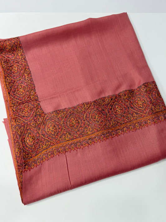 Kashmiri Shawl | Handmade Border Embroidery Made in Kashmir Pure Pashmina | Tea Pink