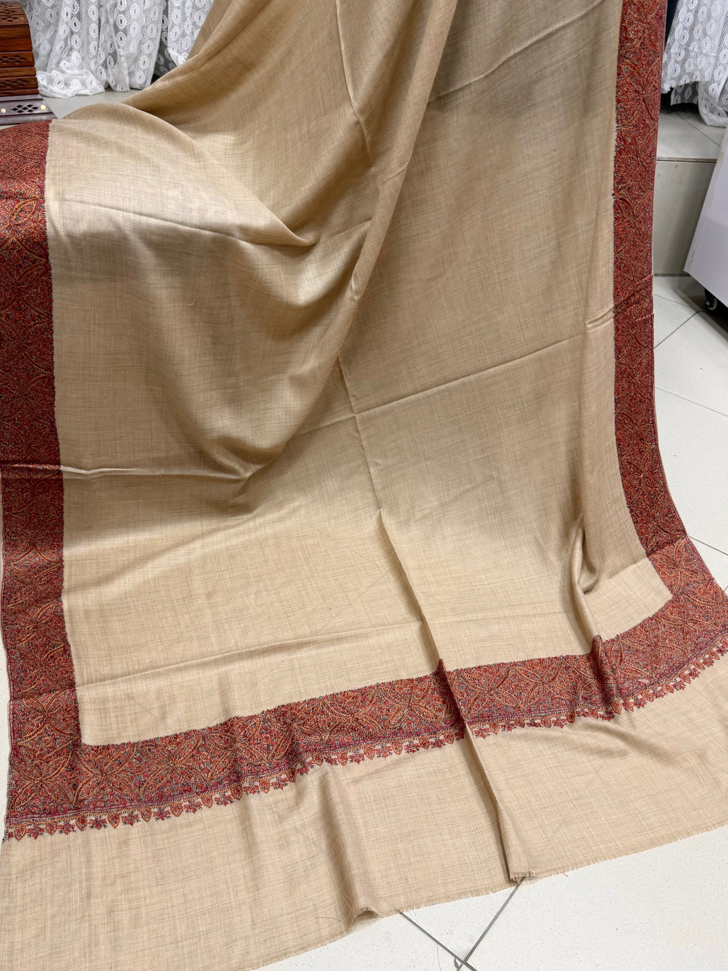 Kashmiri Shawl | Handmade Border Embroidery Made in Kashmir Pure Pashmina | Dark Skin