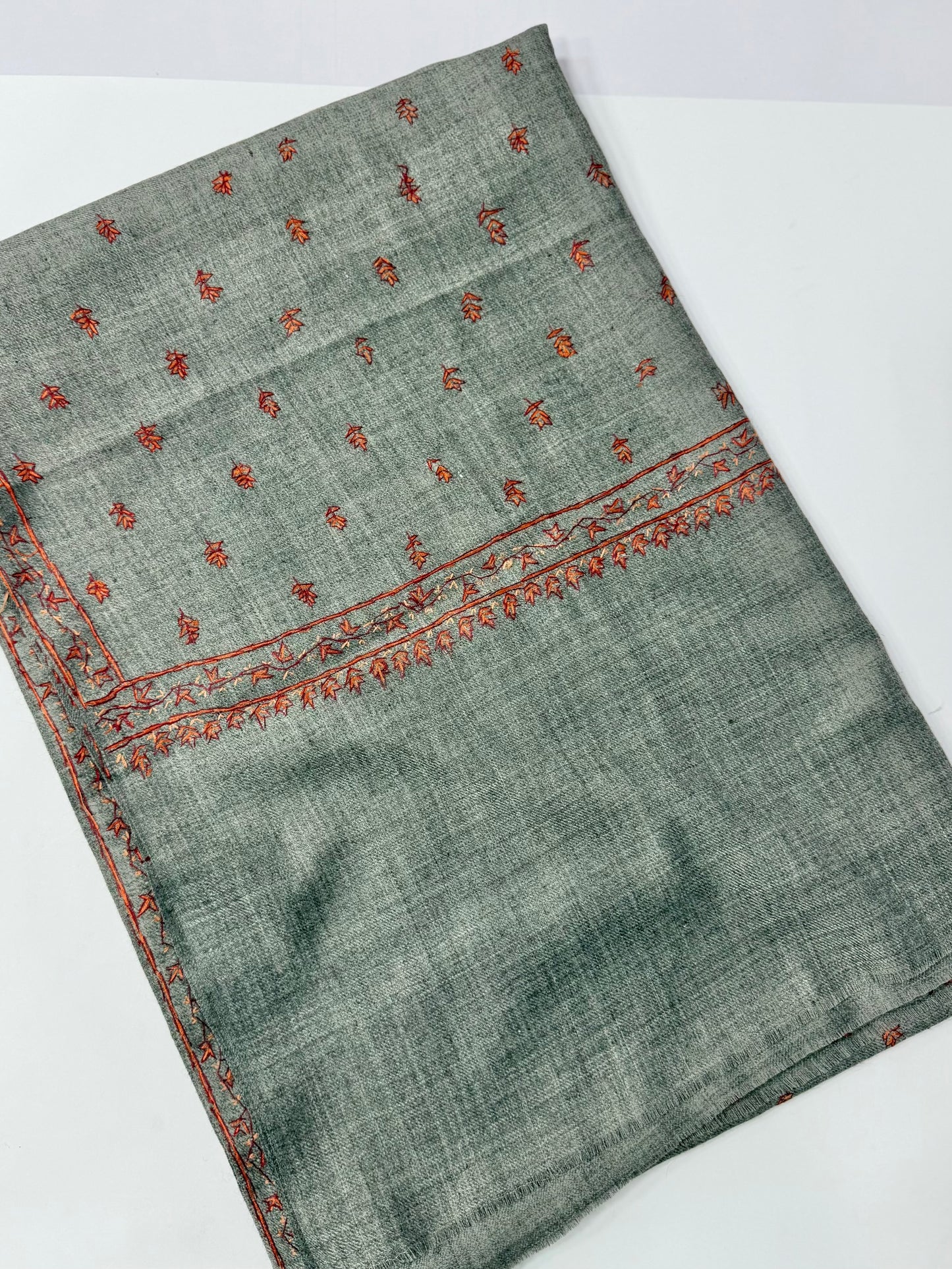 Kashmiri Shawl | Handmade Border Bouti Jaal Embroidery Made in Kashmir | Dark Grey