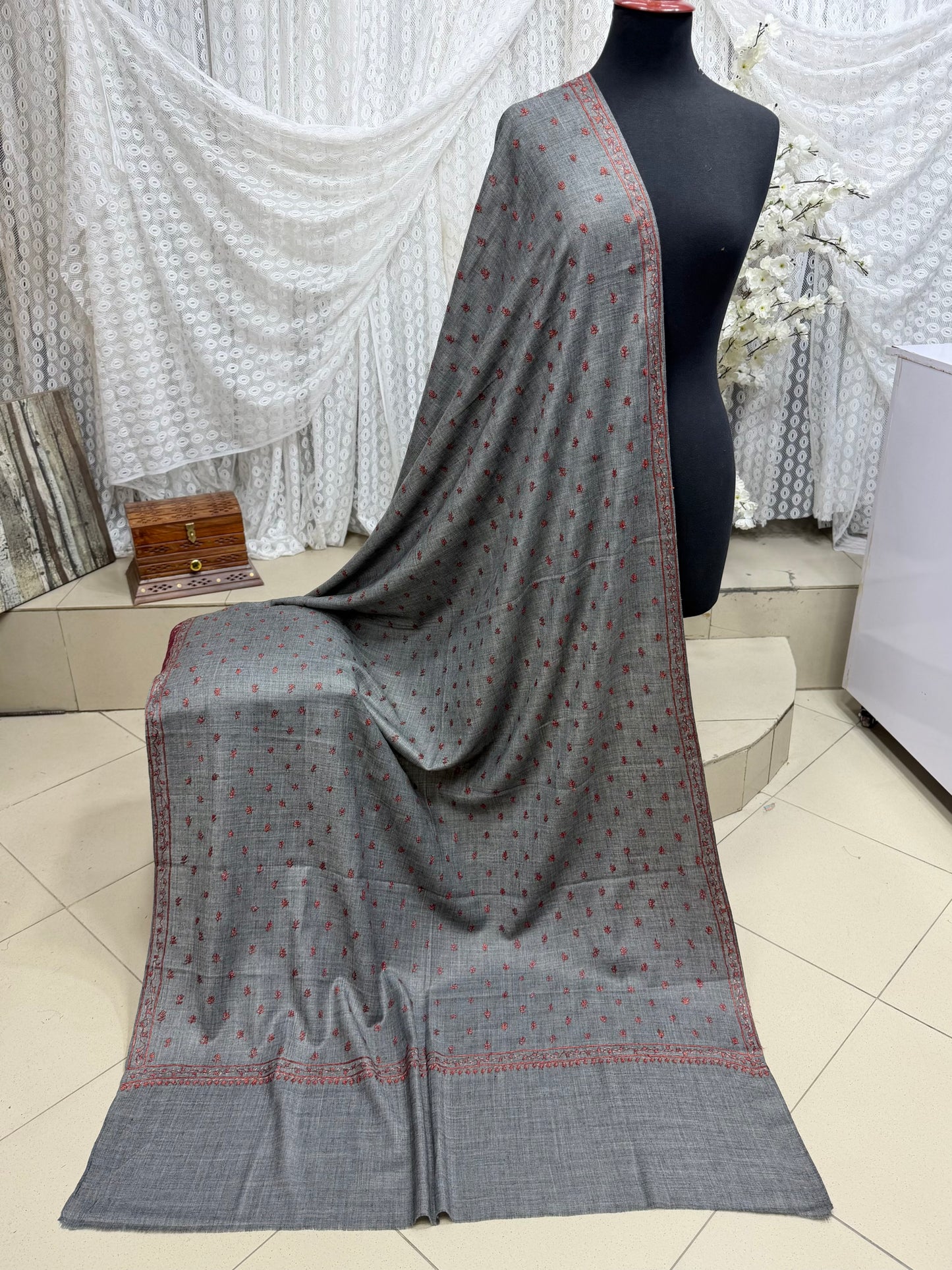 Kashmiri Shawl | Handmade Border Bouti Jaal Embroidery Made in Kashmir | Dark Grey