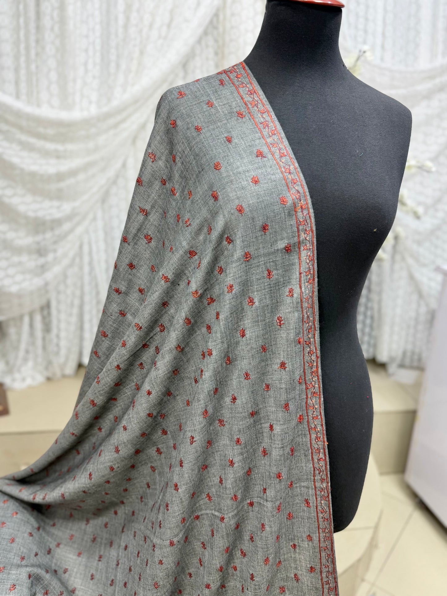 Kashmiri Shawl | Handmade Border Bouti Jaal Embroidery Made in Kashmir | Dark Grey
