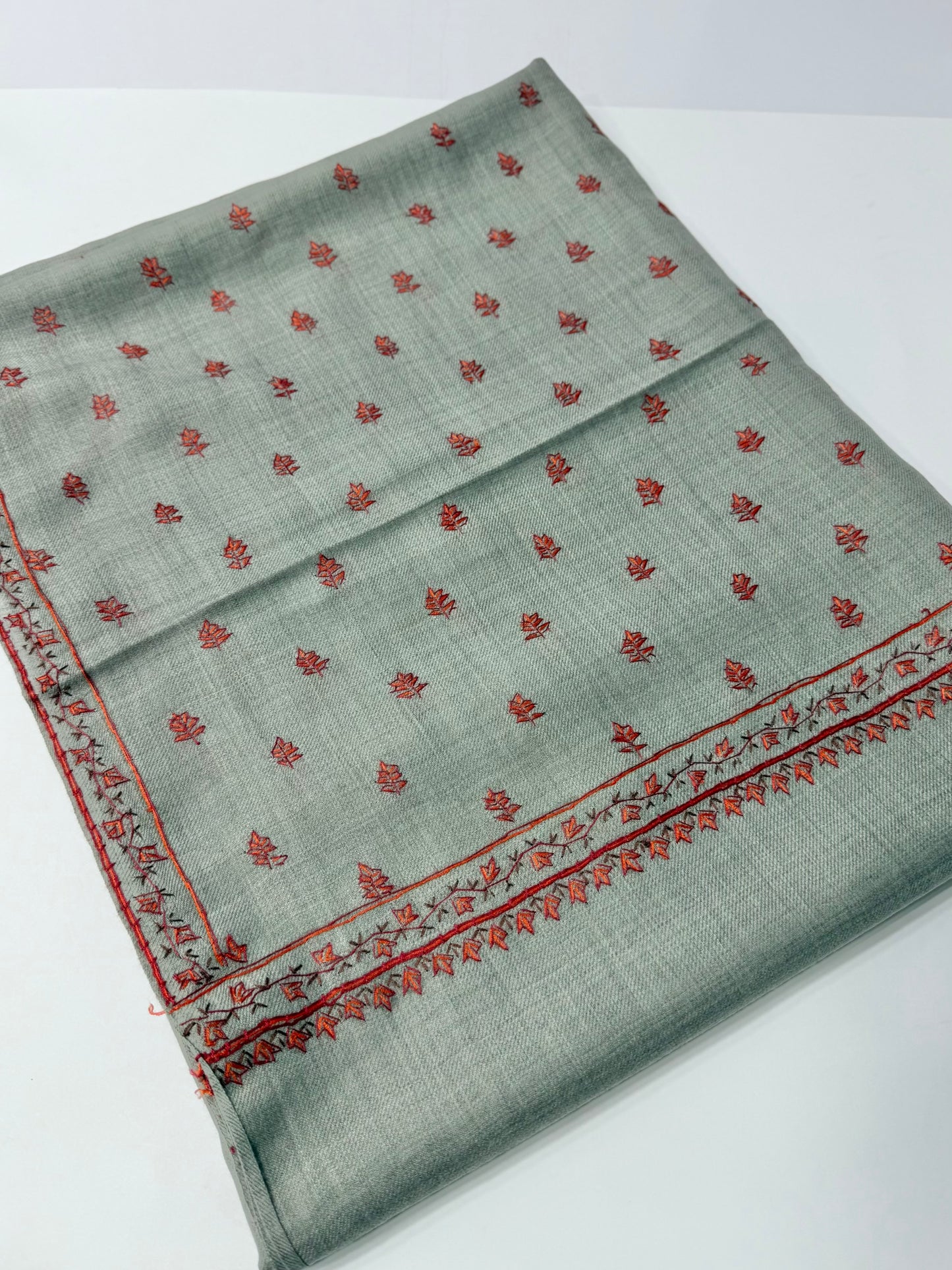Kashmiri Shawl | Handmade Border Bouti Jaal Embroidery Made in Kashmir | Grey
