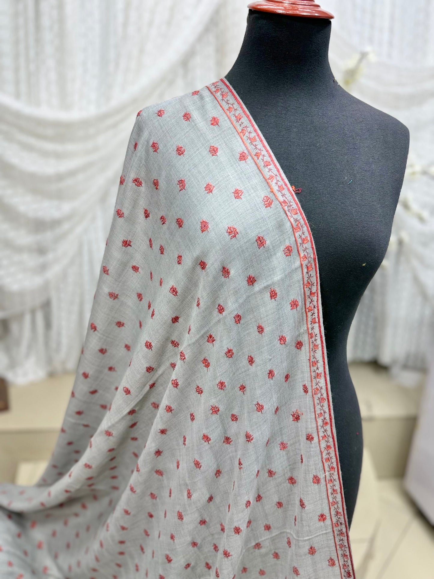 Kashmiri Shawl | Handmade Border Bouti Jaal Embroidery Made in Kashmir | Grey