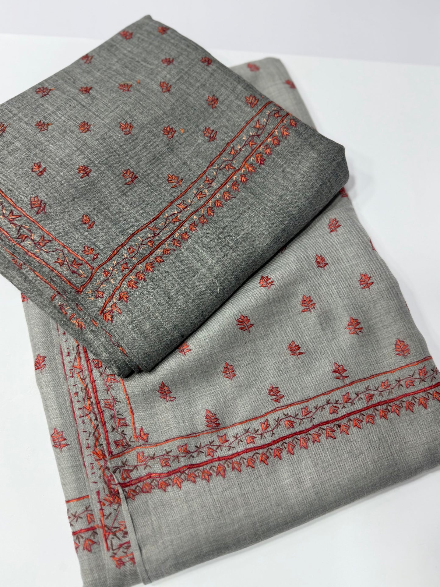 Kashmiri Shawl | Handmade Border Bouti Jaal Embroidery Made in Kashmir | Grey