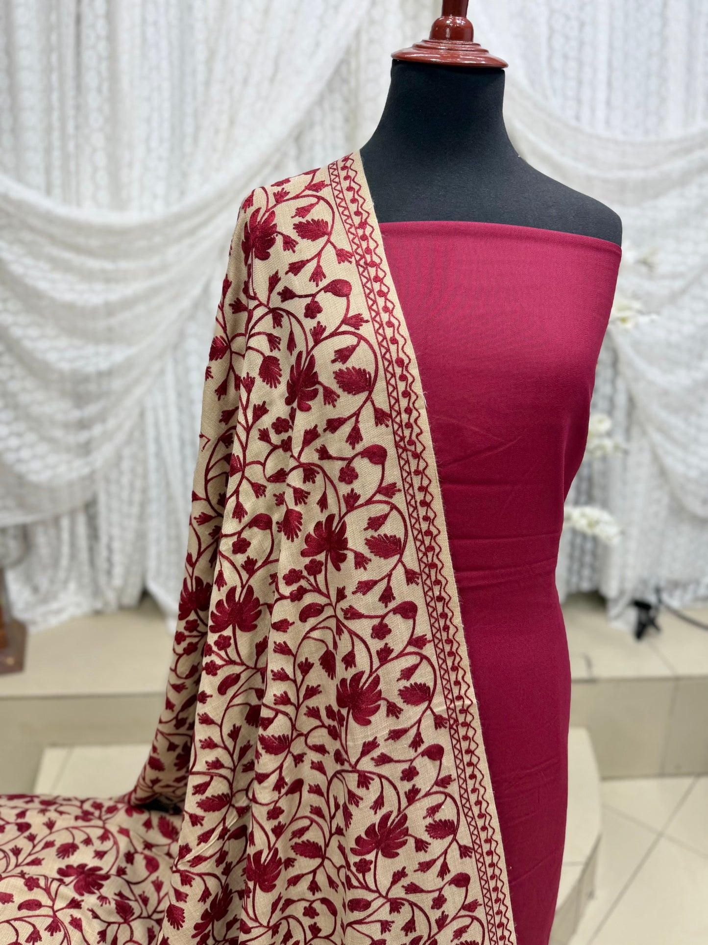 Pashmina 3 Piece Suit | Embroidered Shawl with Plain Suit Marina | Skin Maroon