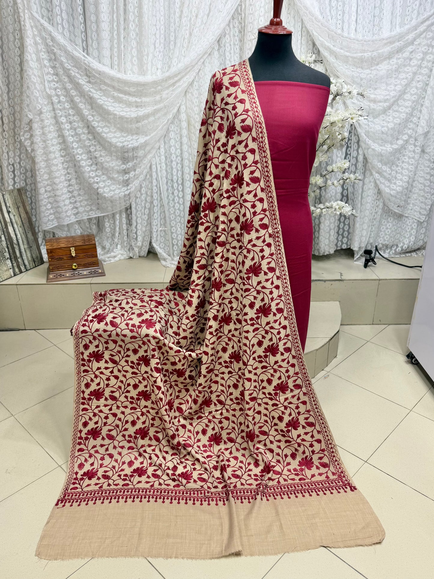 Pashmina 3 Piece Suit | Embroidered Shawl with Plain Suit Marina | Skin Maroon