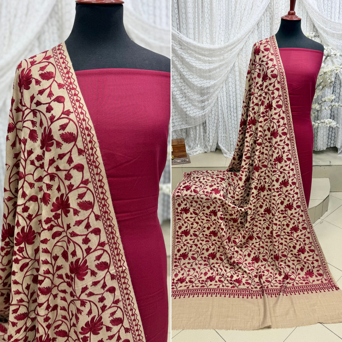 Pashmina 3 Piece Suit | Embroidered Shawl with Plain Suit Marina | Skin Maroon