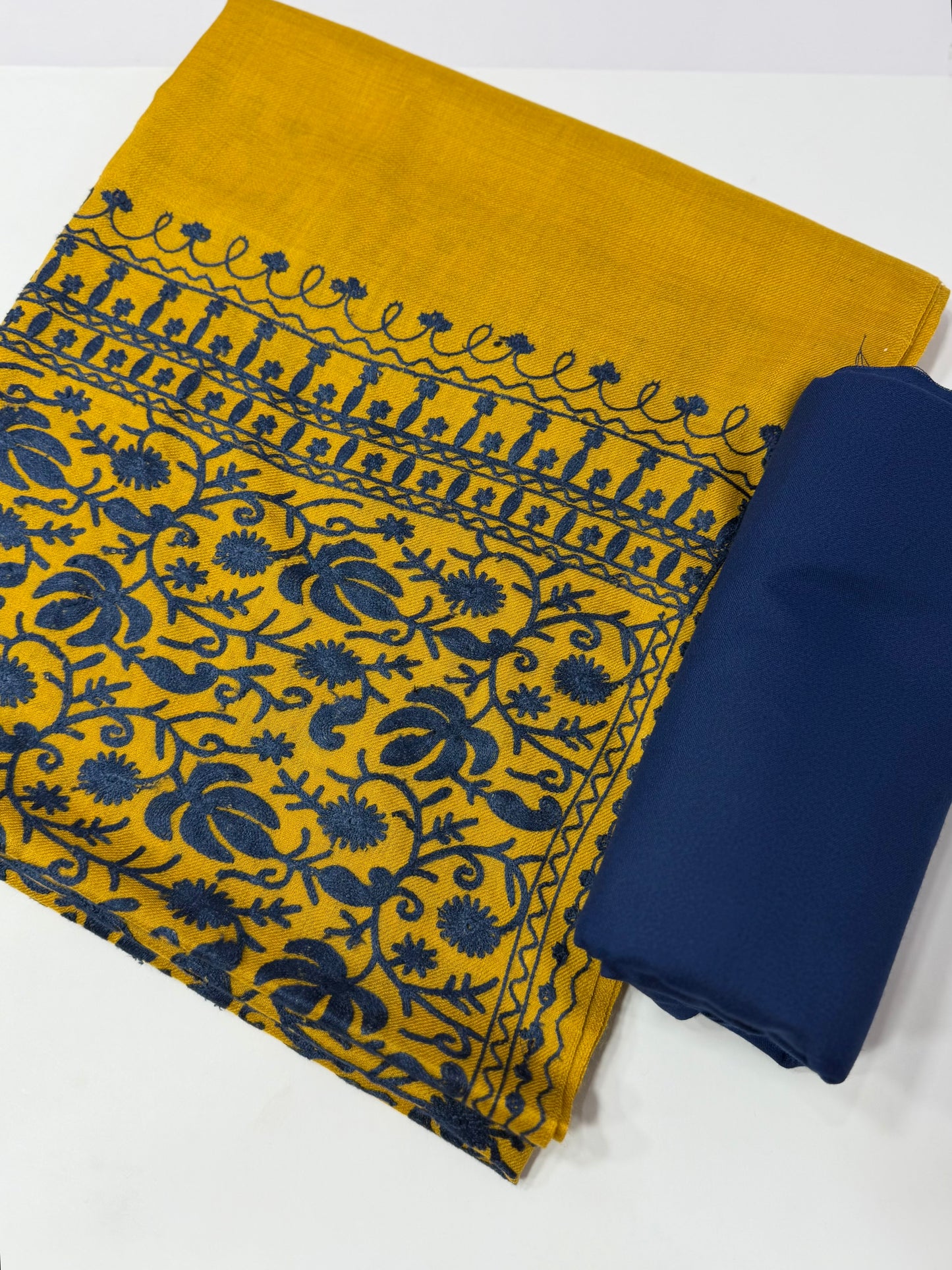 Pashmina 3 Piece Suit | Embroidered Shawl with Plain Suit Marina | Mustard With Blue