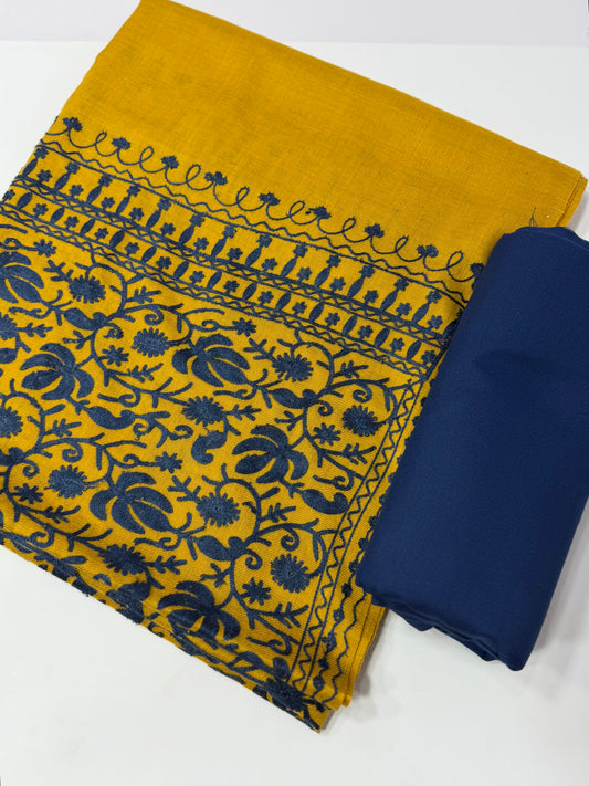 Pashmina 3 Piece Suit | Embroidered Shawl with Plain Suit Marina | Mustard With Blue