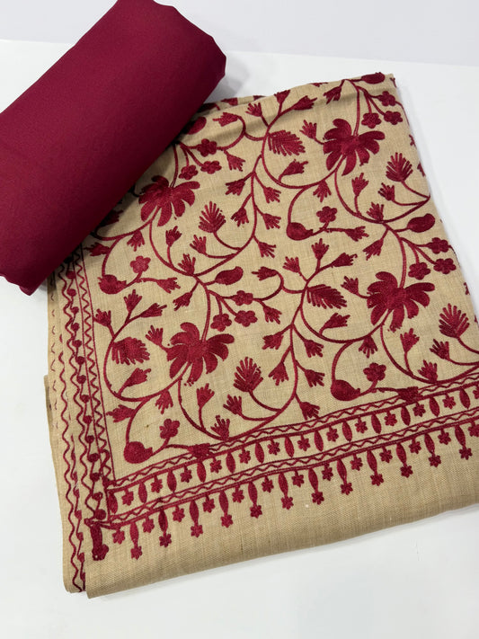 Pashmina 3 Piece Suit | Embroidered Shawl with Plain Suit Marina | Skin Maroon