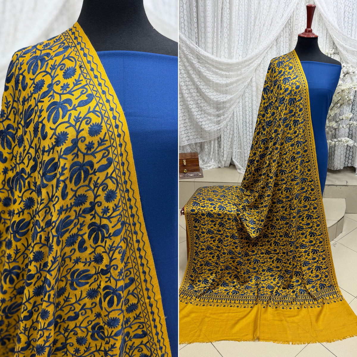 Pashmina 3 Piece Suit | Embroidered Shawl with Plain Suit Marina | Mustard With Blue