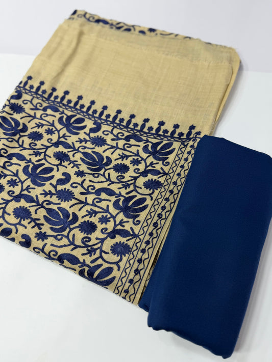 Pashmina 3 Piece Suit | Embroidered Shawl with Plain Suit Marina | Skin With Blue
