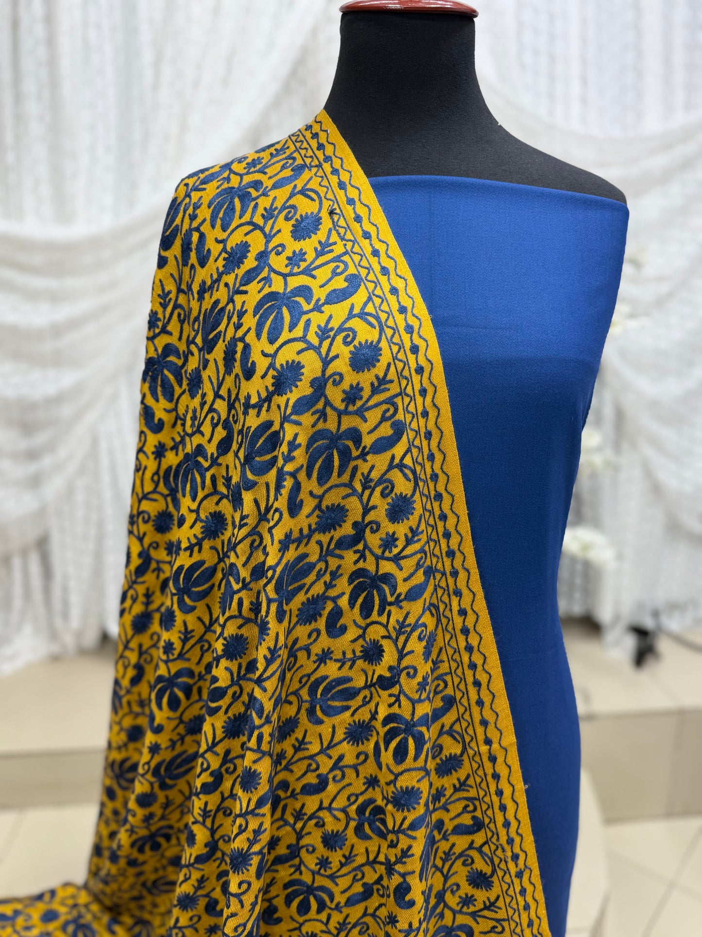 Pashmina 3 Piece Suit | Embroidered Shawl with Plain Suit Marina | Mustard With Blue