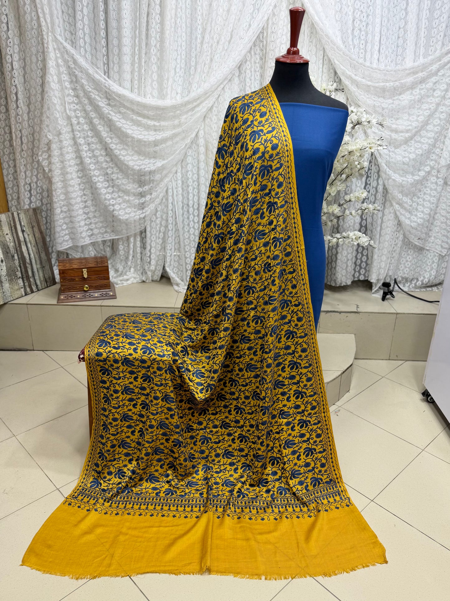 Pashmina 3 Piece Suit | Embroidered Shawl with Plain Suit Marina | Mustard With Blue