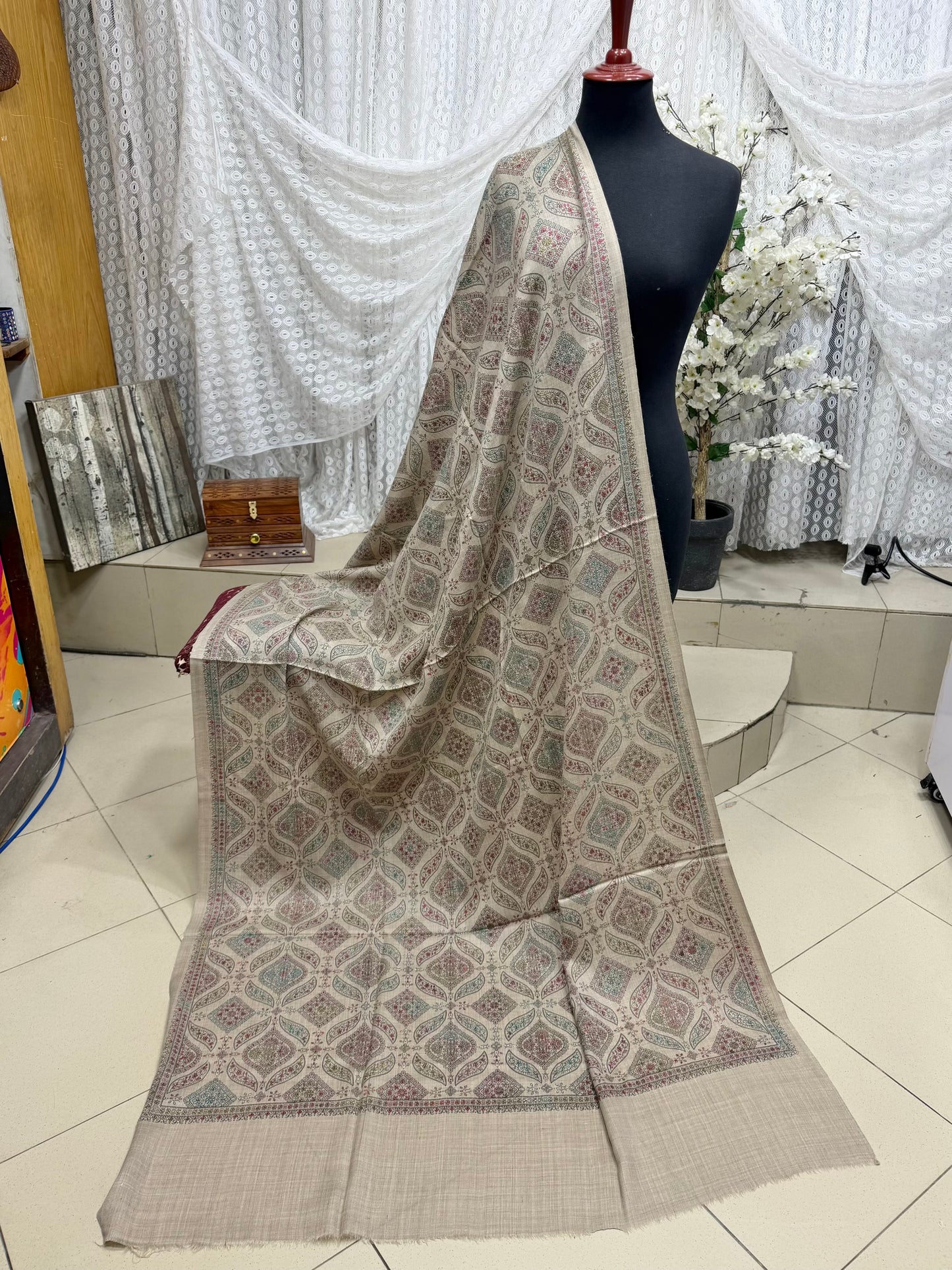 Pashmina Shawl | Hand Embroidery on Print Beautiful Shawl | Skin Grey