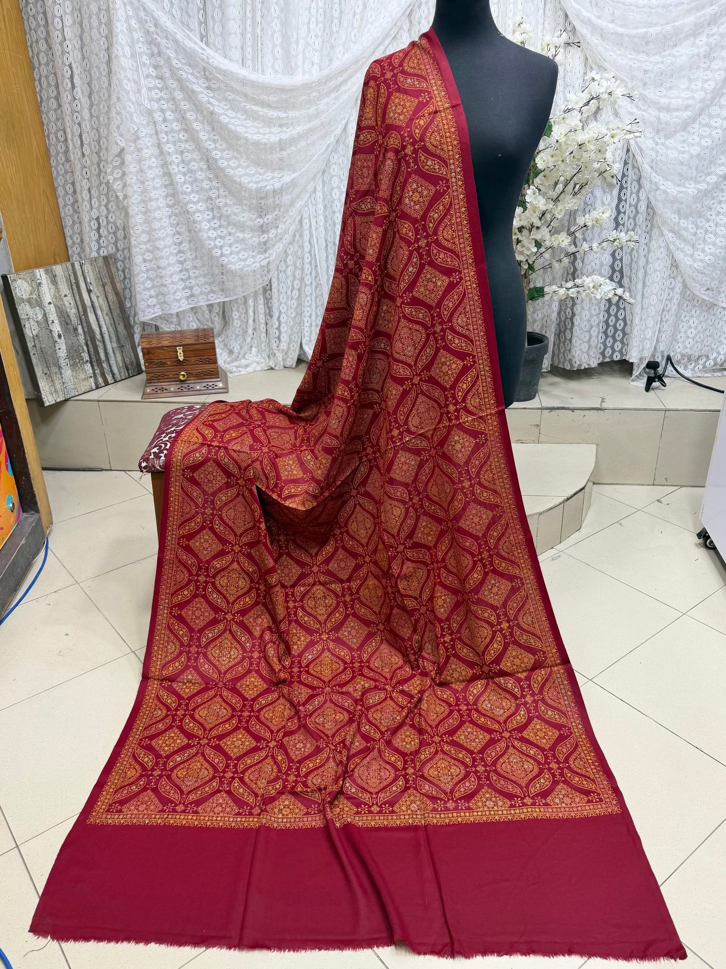 Pashmina Shawl | Hand Embroidery on Print Beautiful Shawl | Maroon