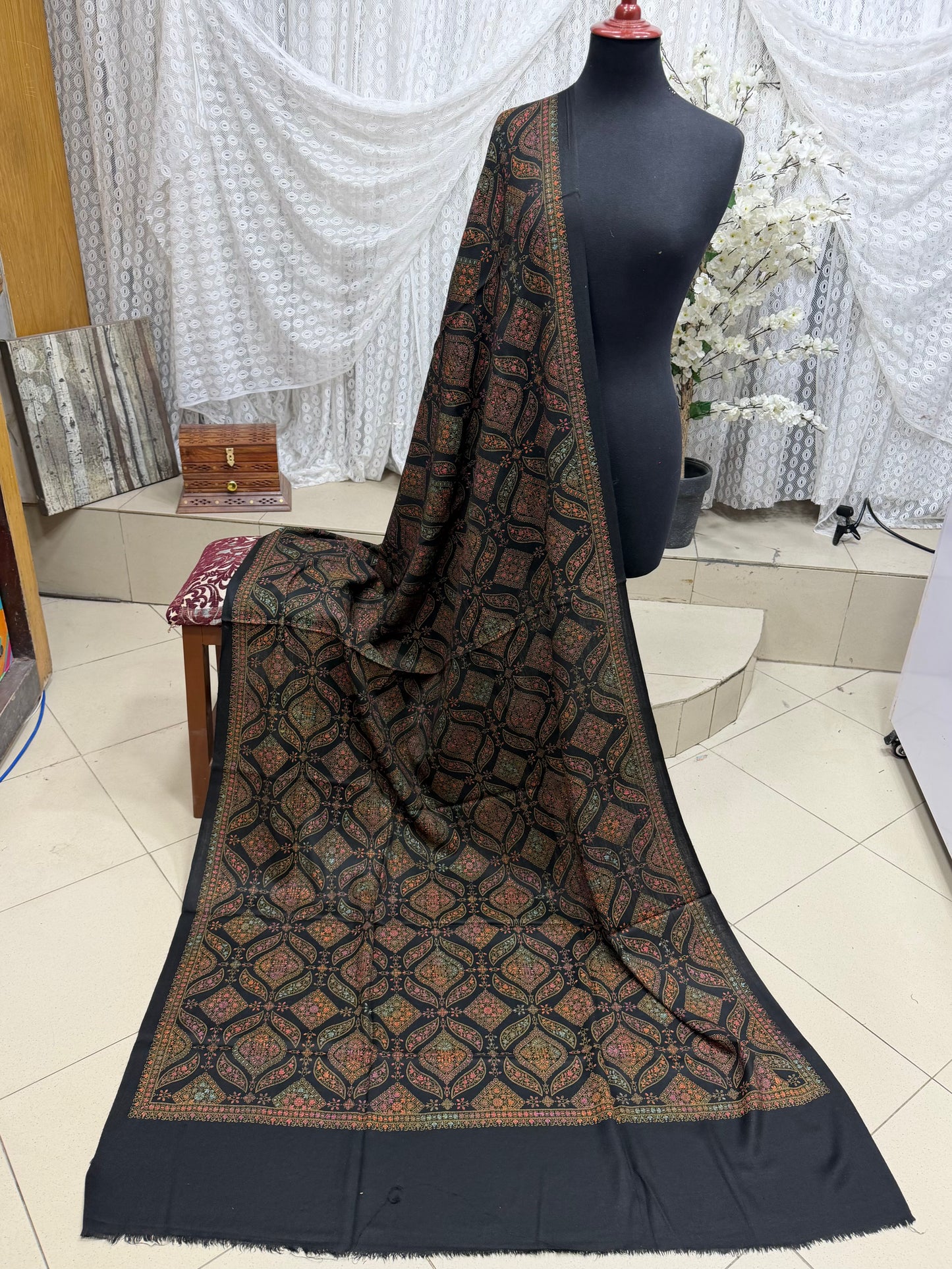 Pashmina Shawl | Hand Embroidery on Print Beautiful Shawl | Black