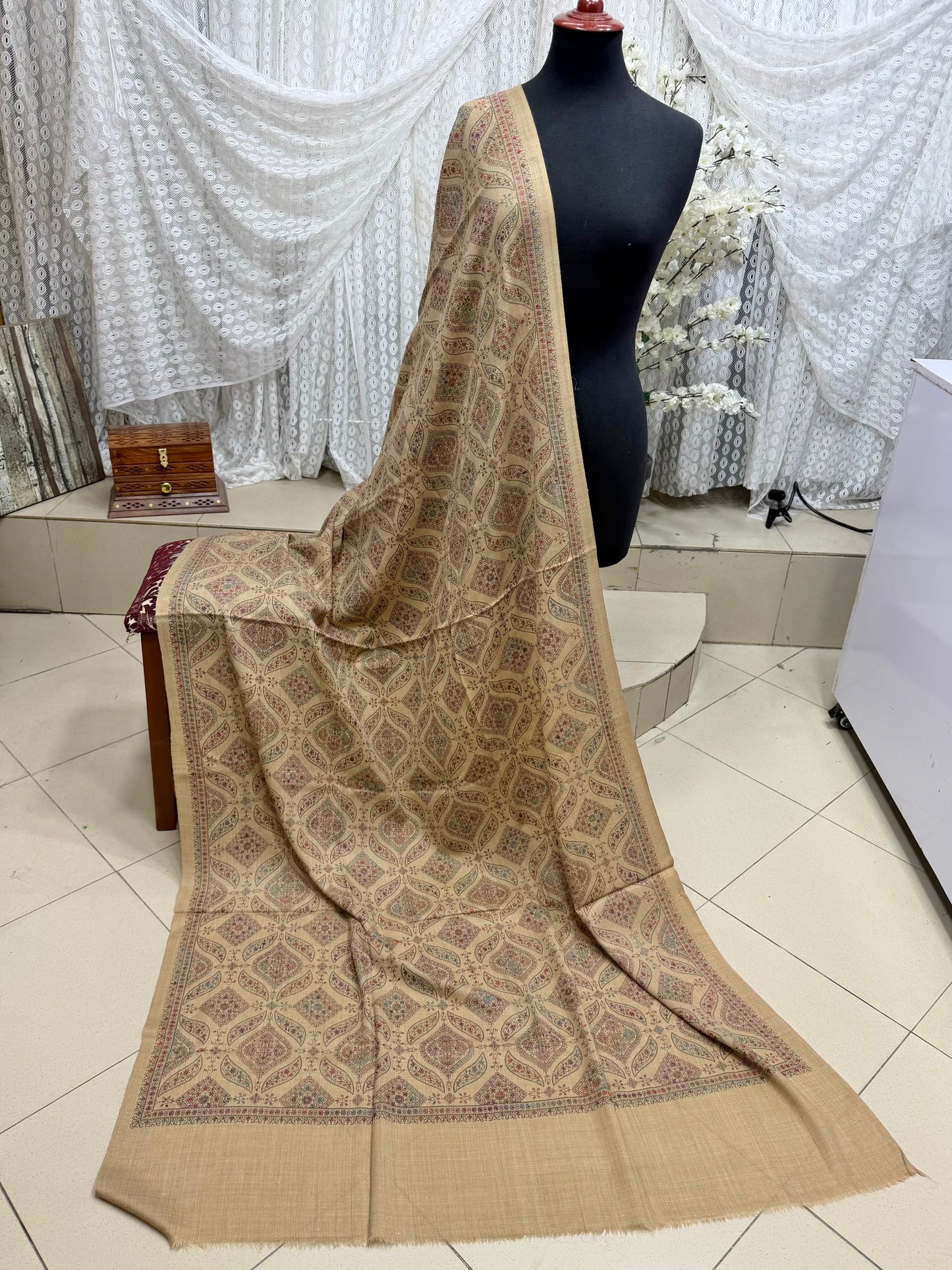 Pashmina Shawl | Hand Embroidery on Print Beautiful Shawl | Beige Skin