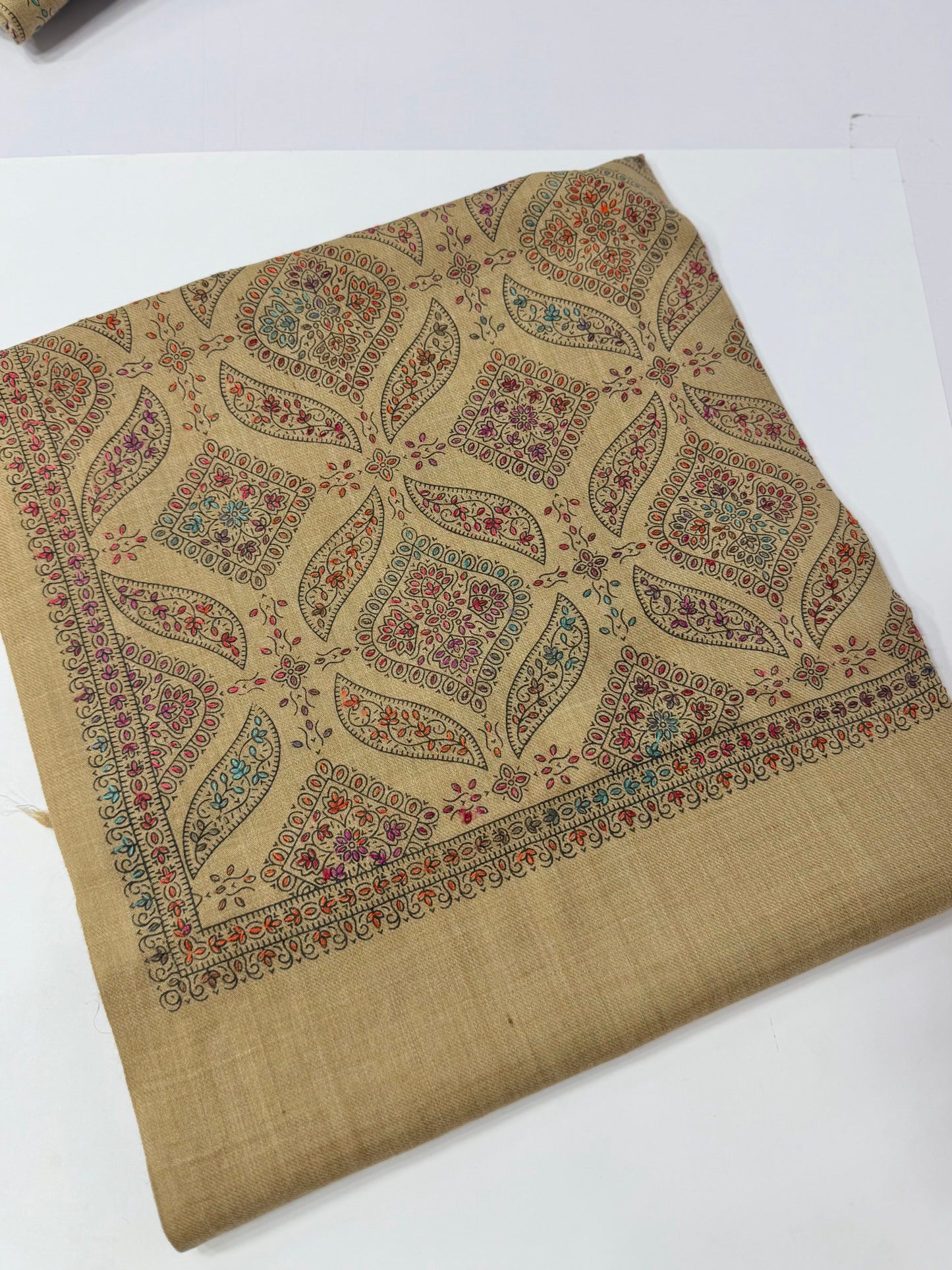 Pashmina Shawl | Hand Embroidery on Print Beautiful Shawl | Beige Skin