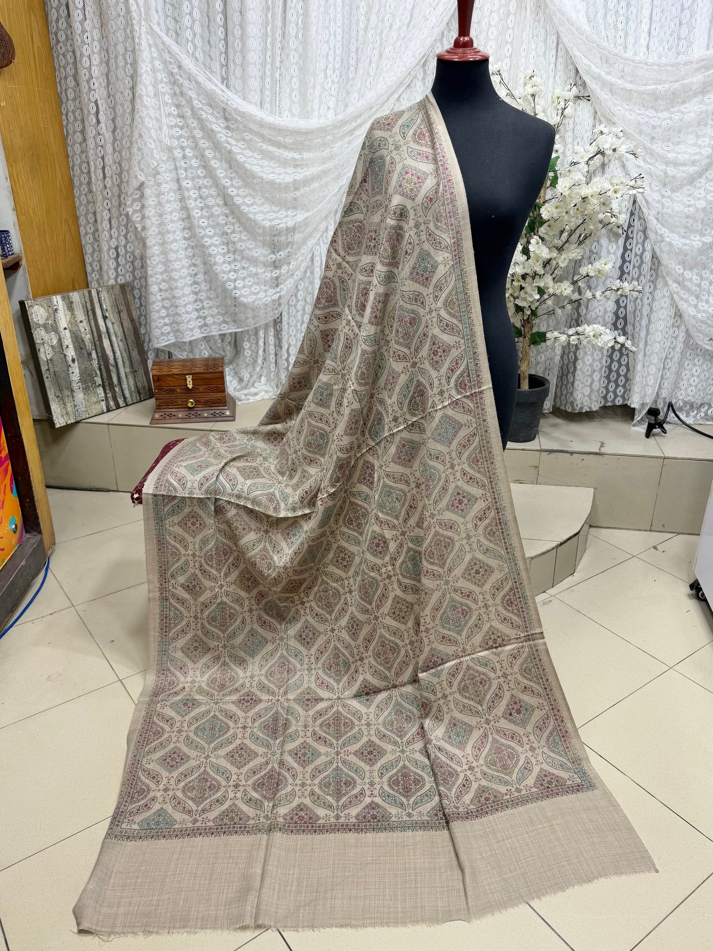 Pashmina Shawl | Hand Embroidery on Print Beautiful Shawl | Skin Grey