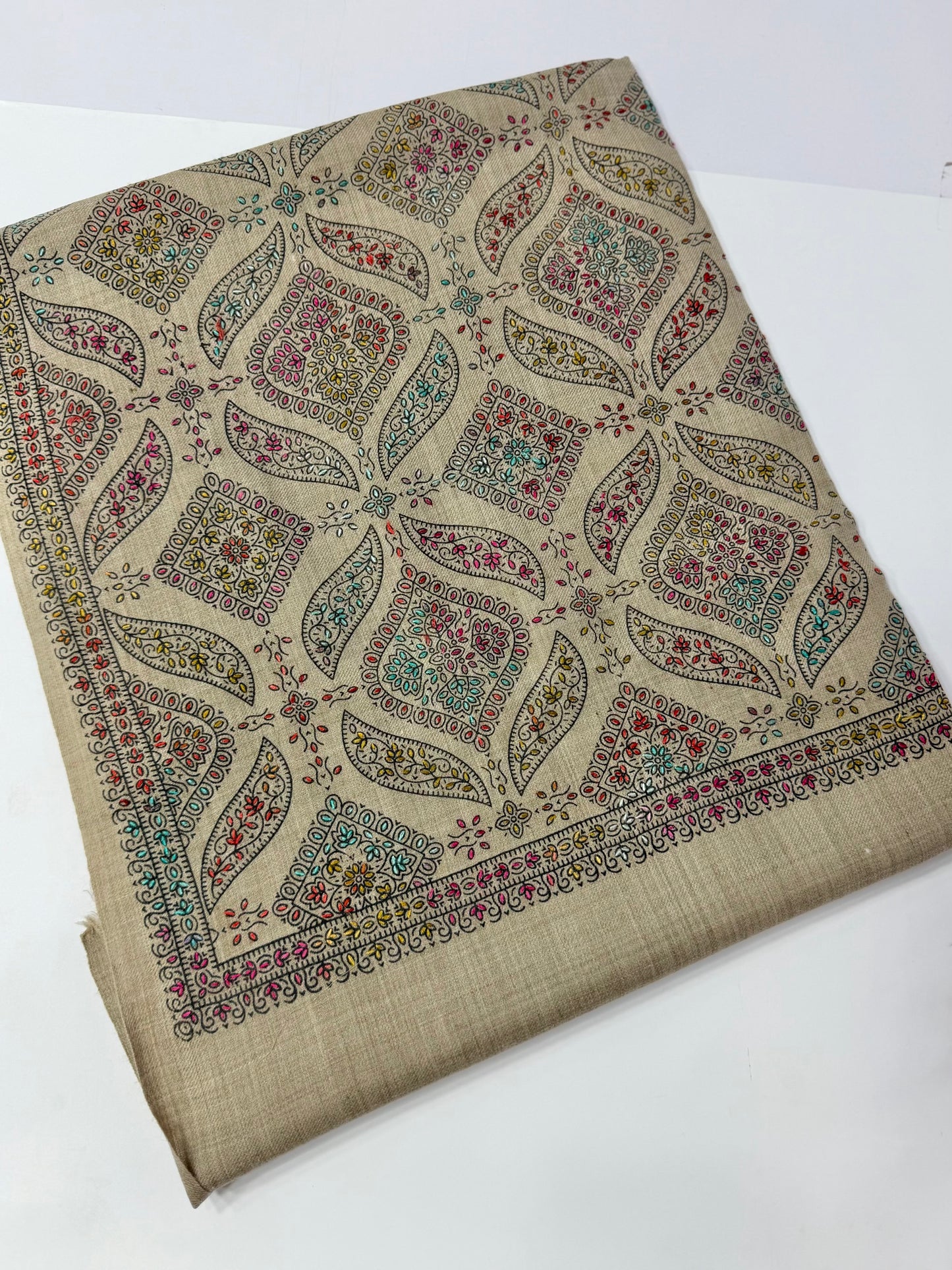 Pashmina Shawl | Hand Embroidery on Print Beautiful Shawl | Skin Grey