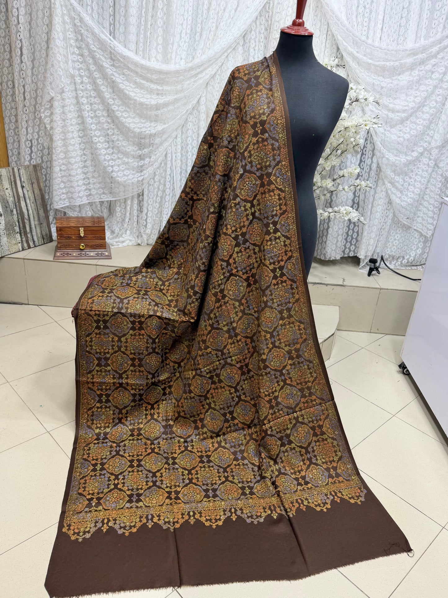 Pashmina Shawl | Hand Embroidery on Print Beautiful Shawl | Choc Brown