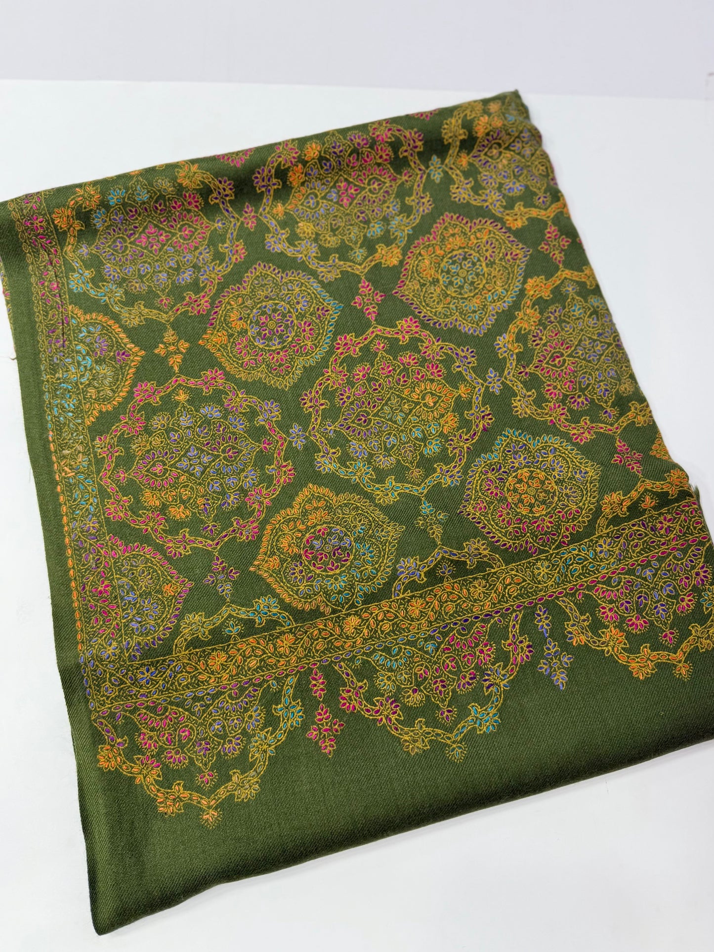 Pashmina Shawl | Hand Embroidery on Print Beautiful Shawl | Parrot Green