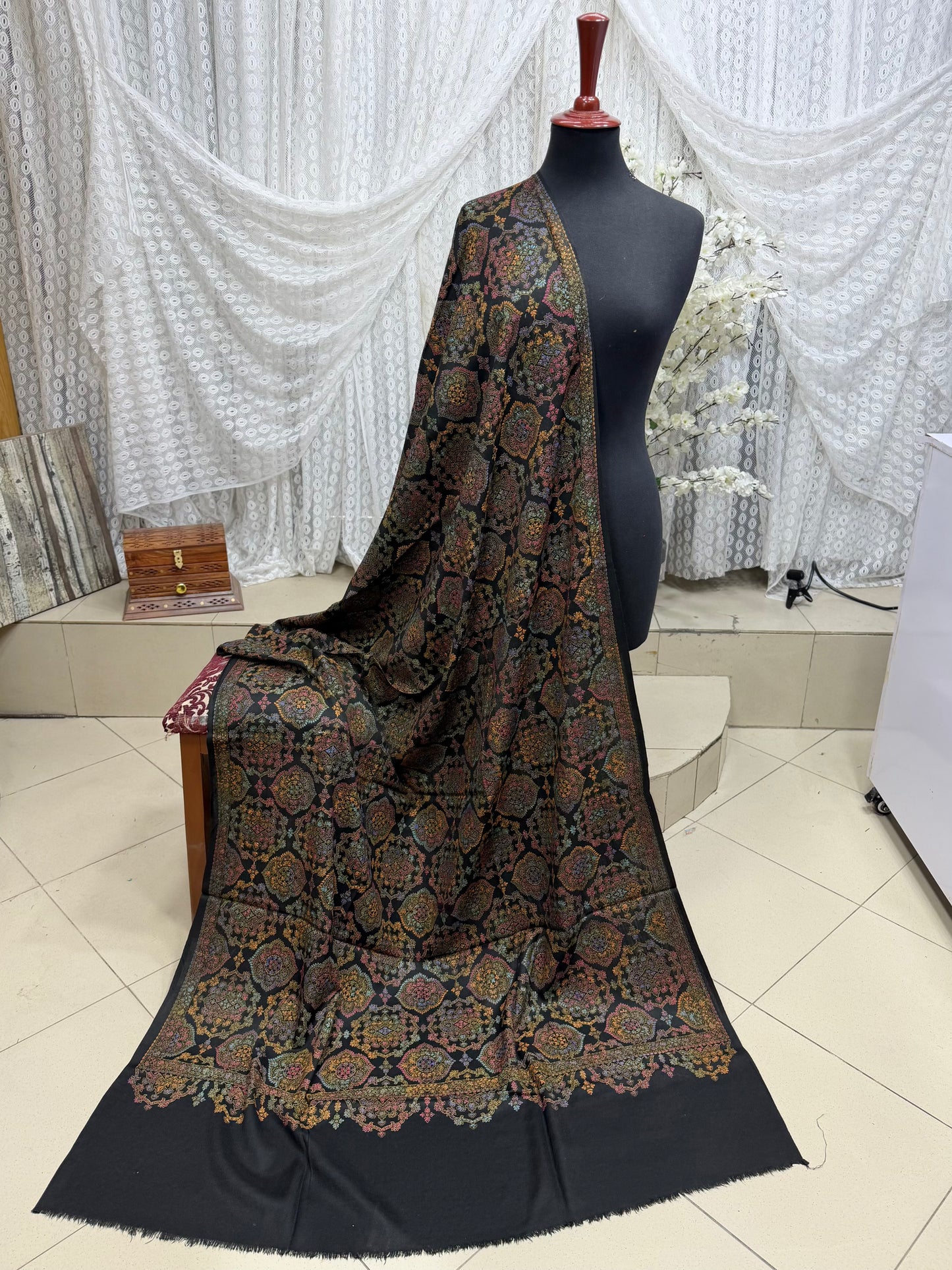 Pashmina Shawl | Hand Embroidery on Print Beautiful Shawl | Black