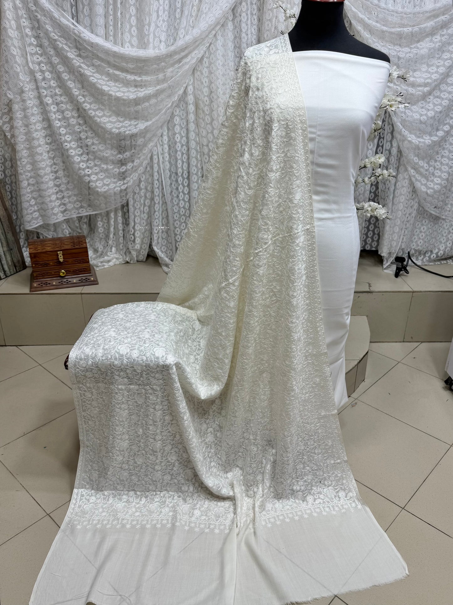 Pashmina 3 Piece Suit | Embroidered Shawl with Plain Suit Marina White