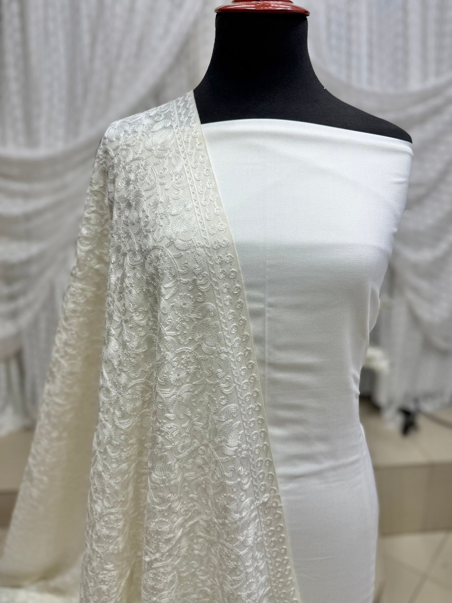 Pashmina 3 Piece Suit | Embroidered Shawl with Plain Suit Marina White