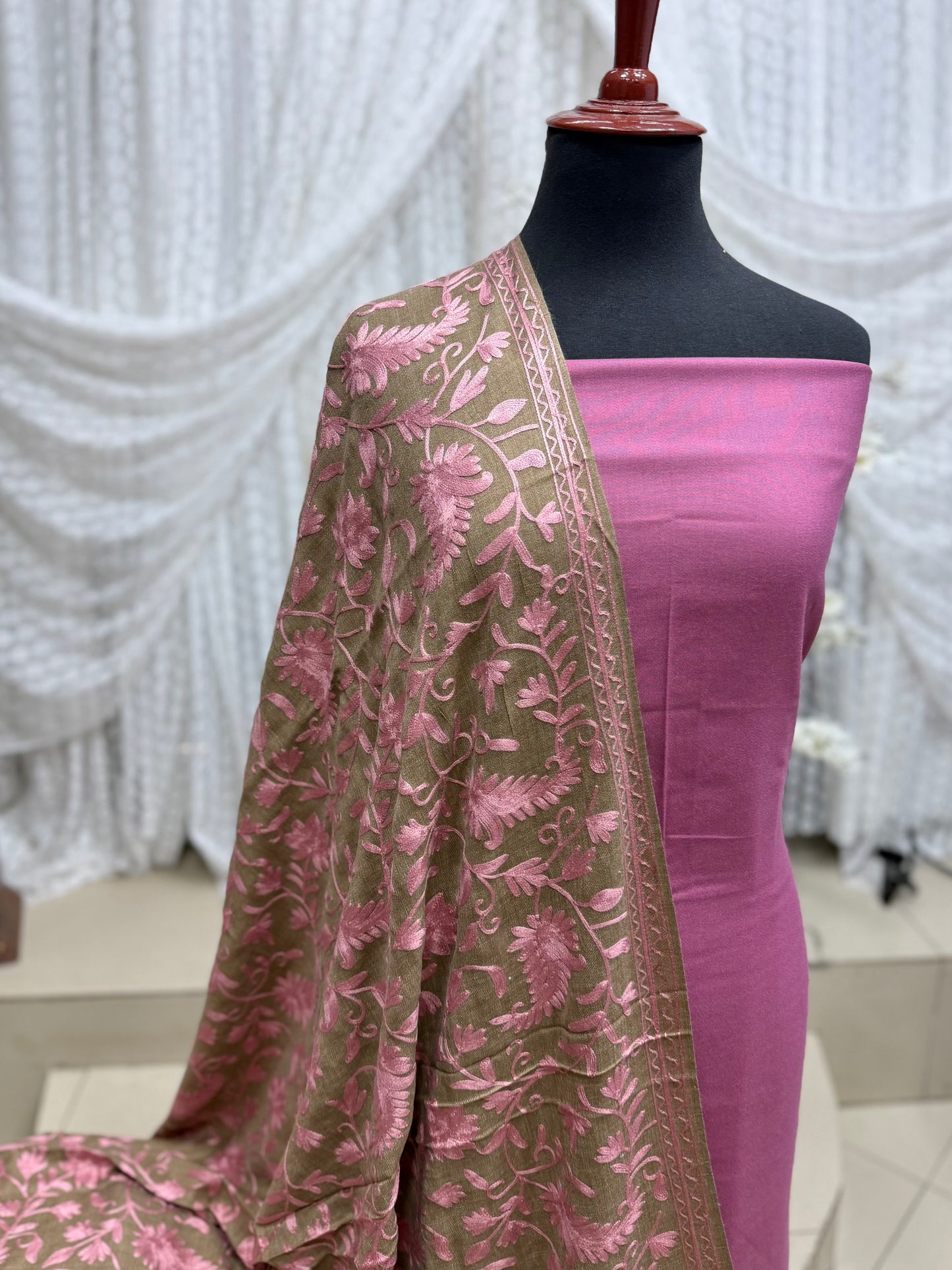 Pashmina 3 Piece Suit | Embroidered Shawl with Plain Suit Marina | Skin With Pink
