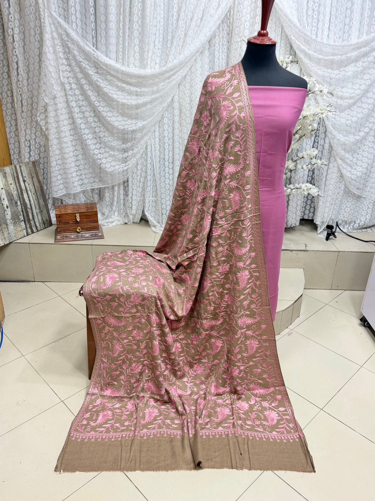 Pashmina 3 Piece Suit | Embroidered Shawl with Plain Suit Marina | Skin With Pink