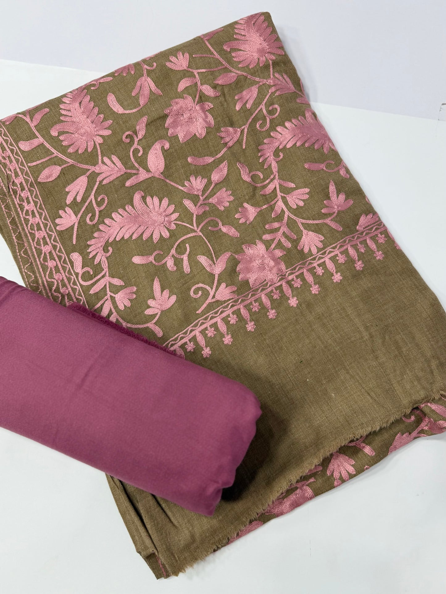 Pashmina 3 Piece Suit | Embroidered Shawl with Plain Suit Marina | Skin With Pink
