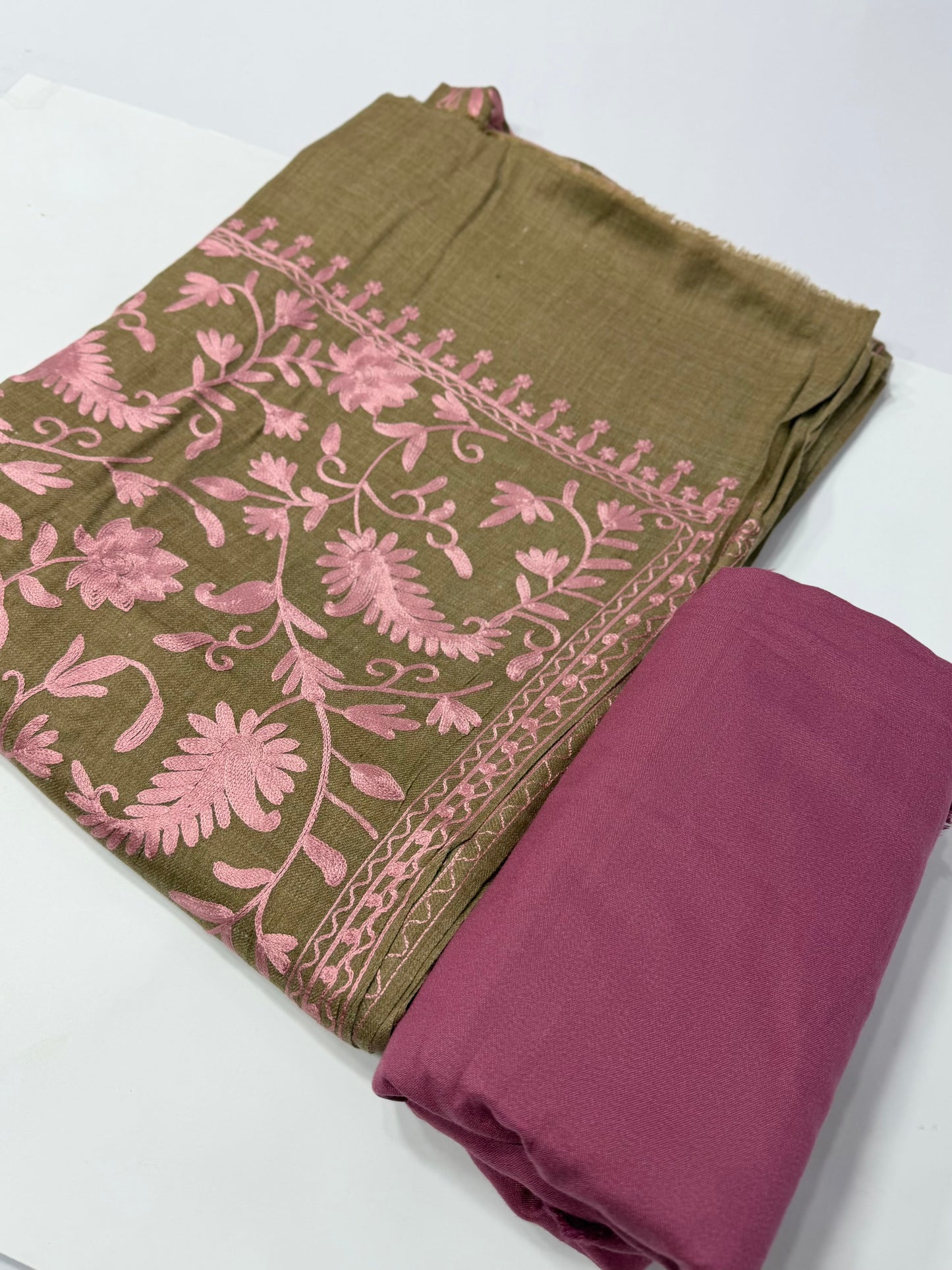Pashmina 3 Piece Suit | Embroidered Shawl with Plain Suit Marina | Skin With Pink